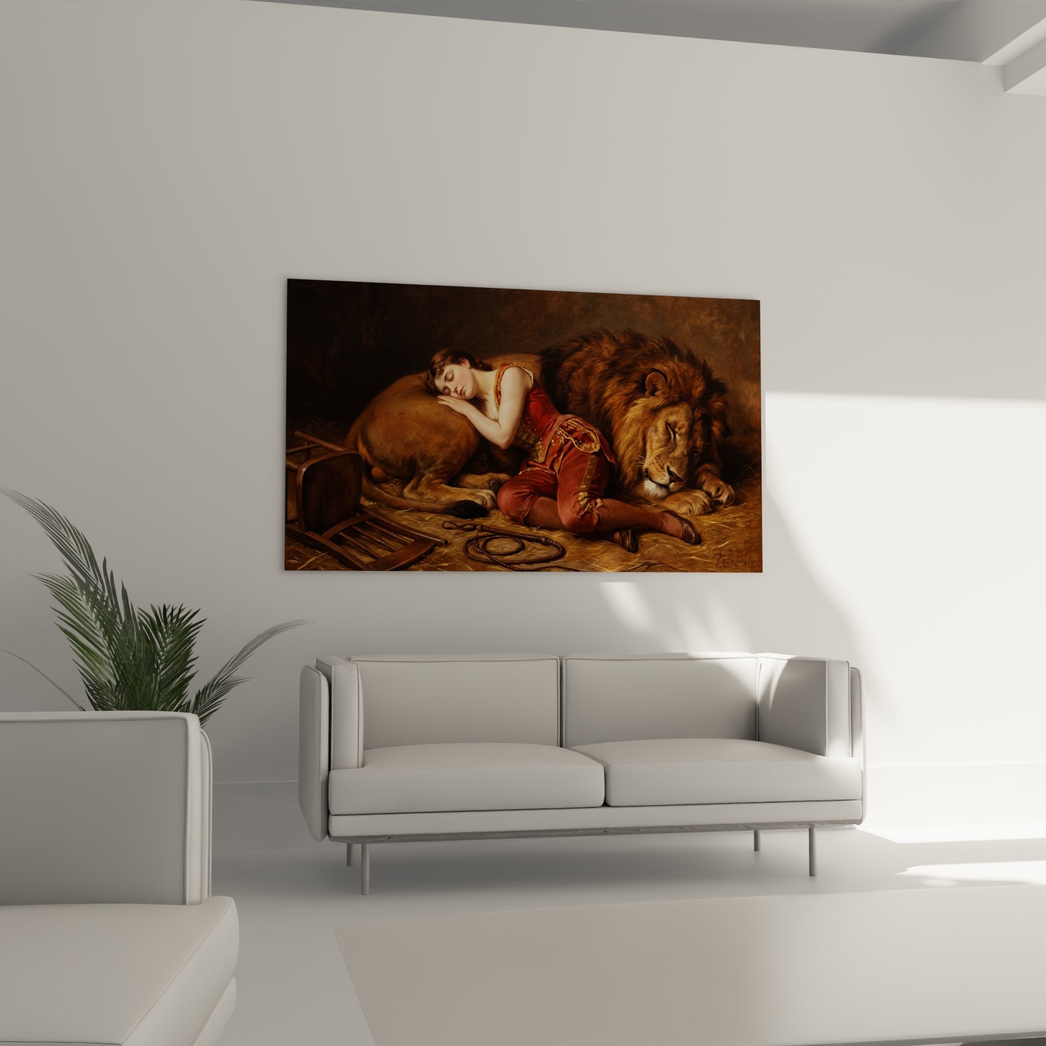 Detail tableau dompteuse costume rouge or lion criniere fauve accessoires dressage cirque traditionnel