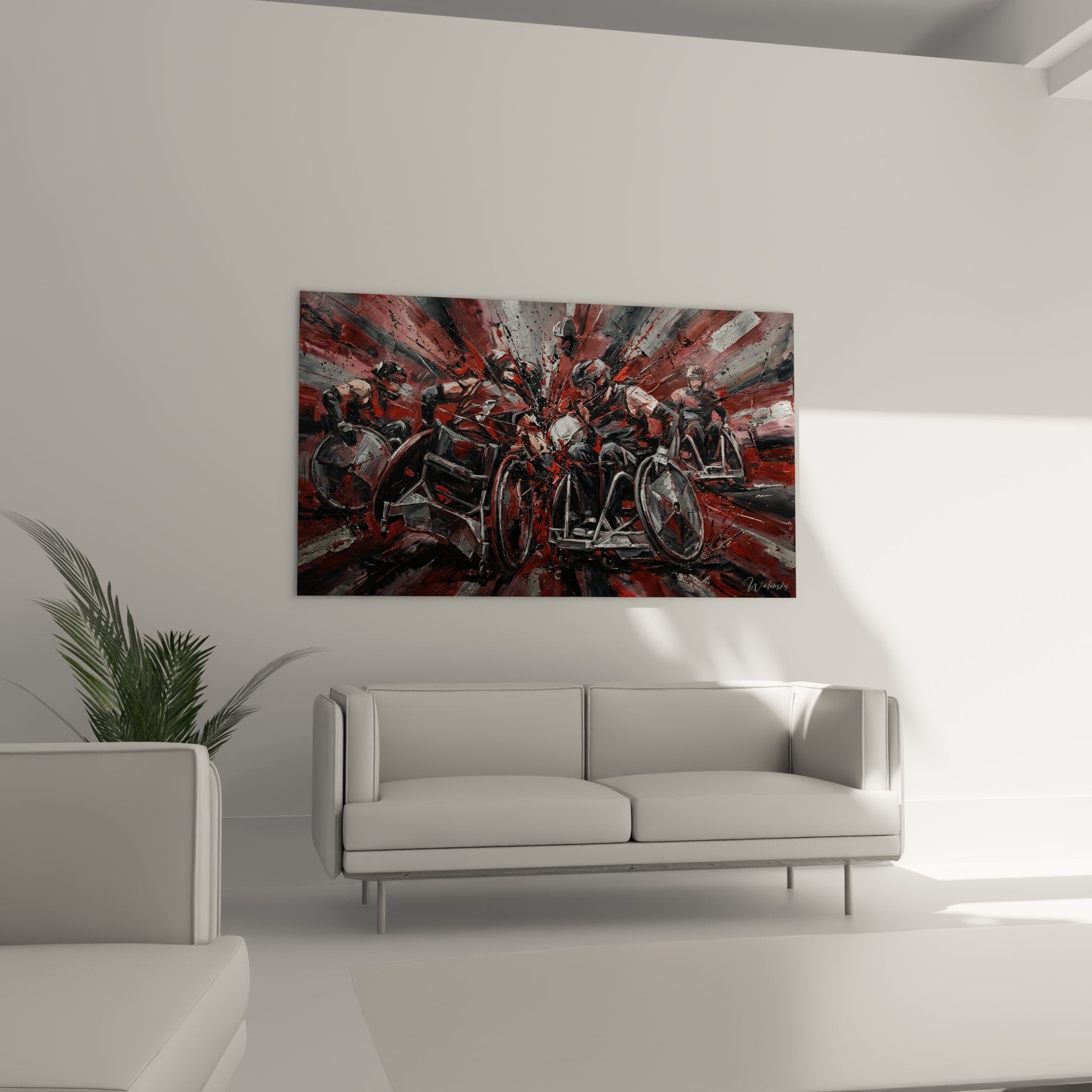 Détail du tableau handisport montrant la technique artistique et les couleurs rouge et gris de l'œuvre