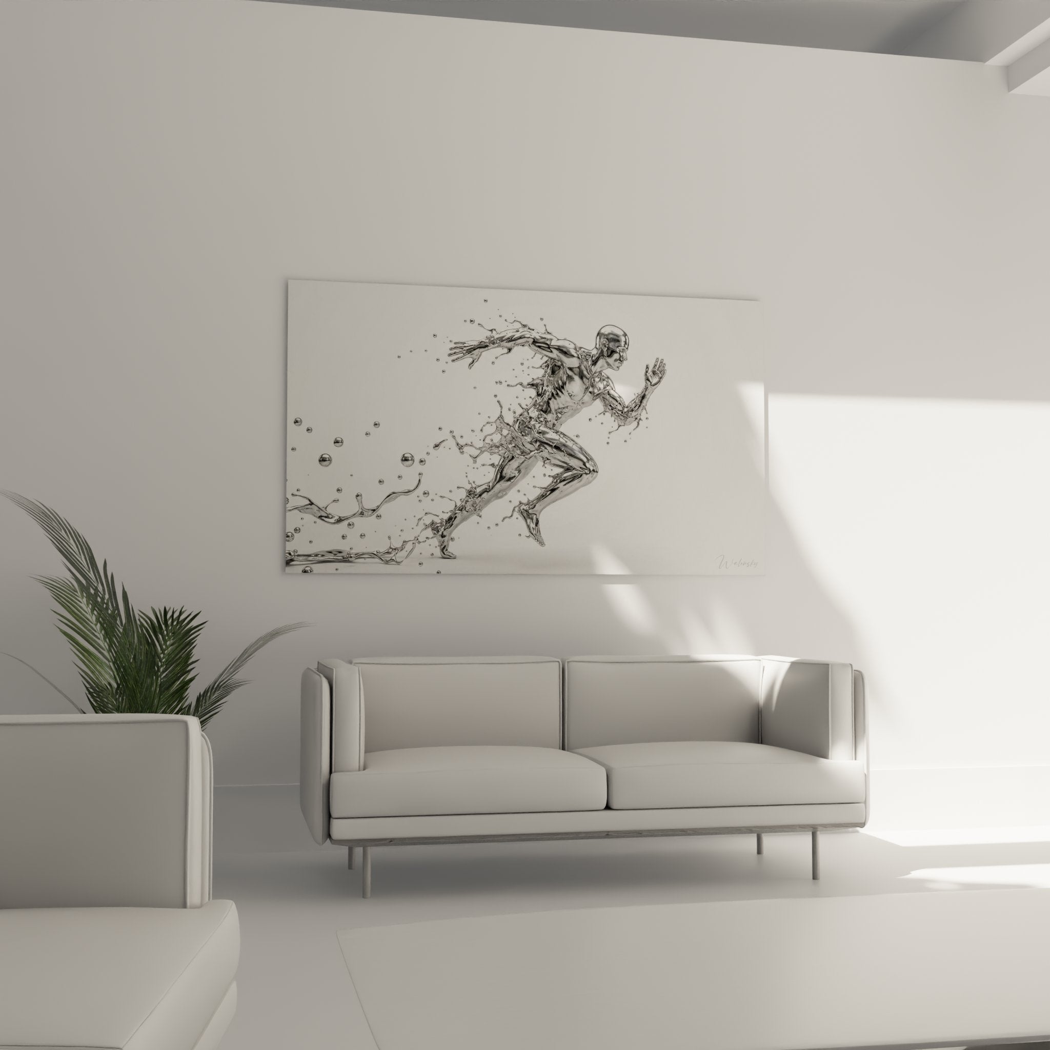 Détail rapproché tableau coureur liquide, gouttes d'eau cristallines formant silhouette athlète en action