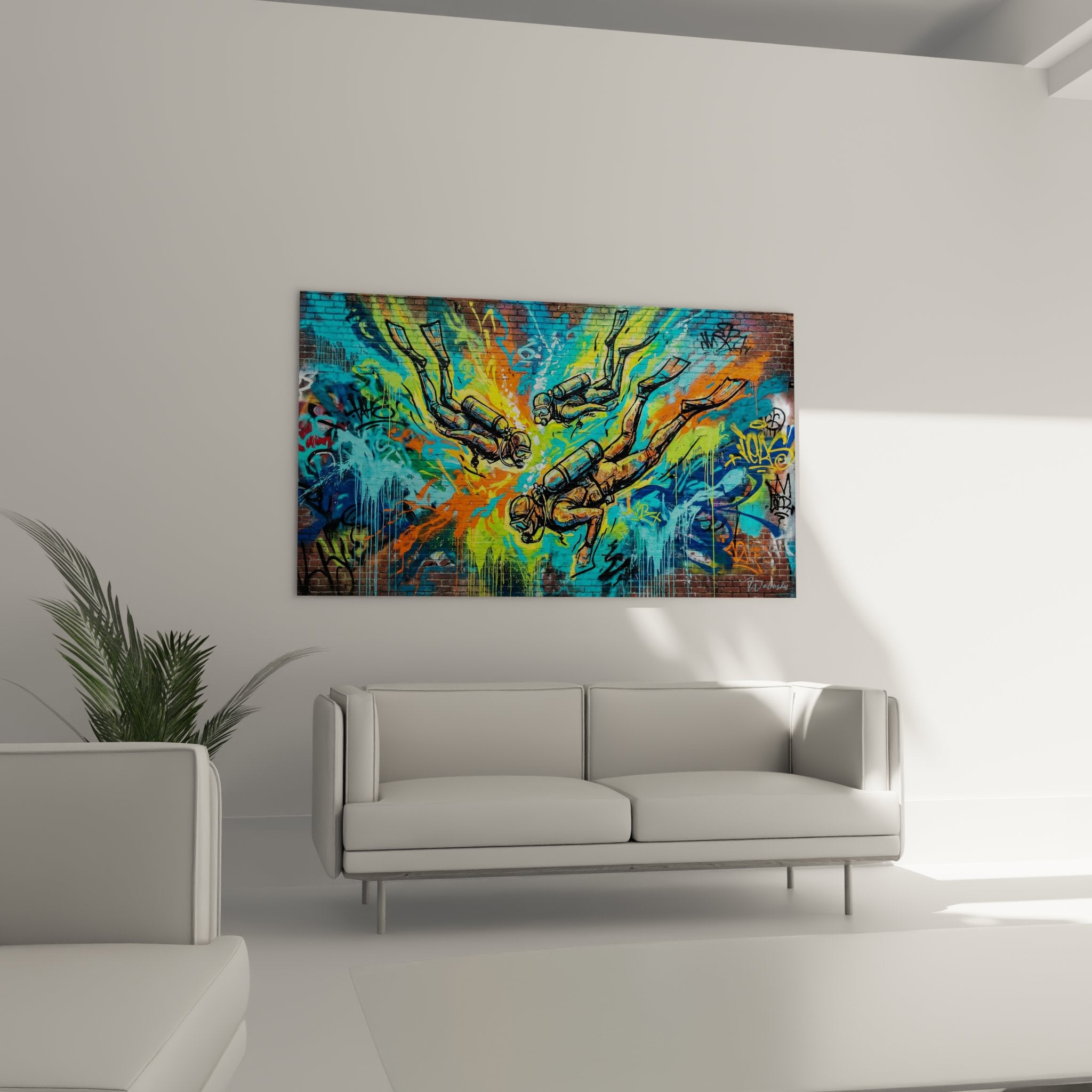 Détail rapproché du tableau montrant les plongeurs noirs sur fond coloré style graffiti aquatique