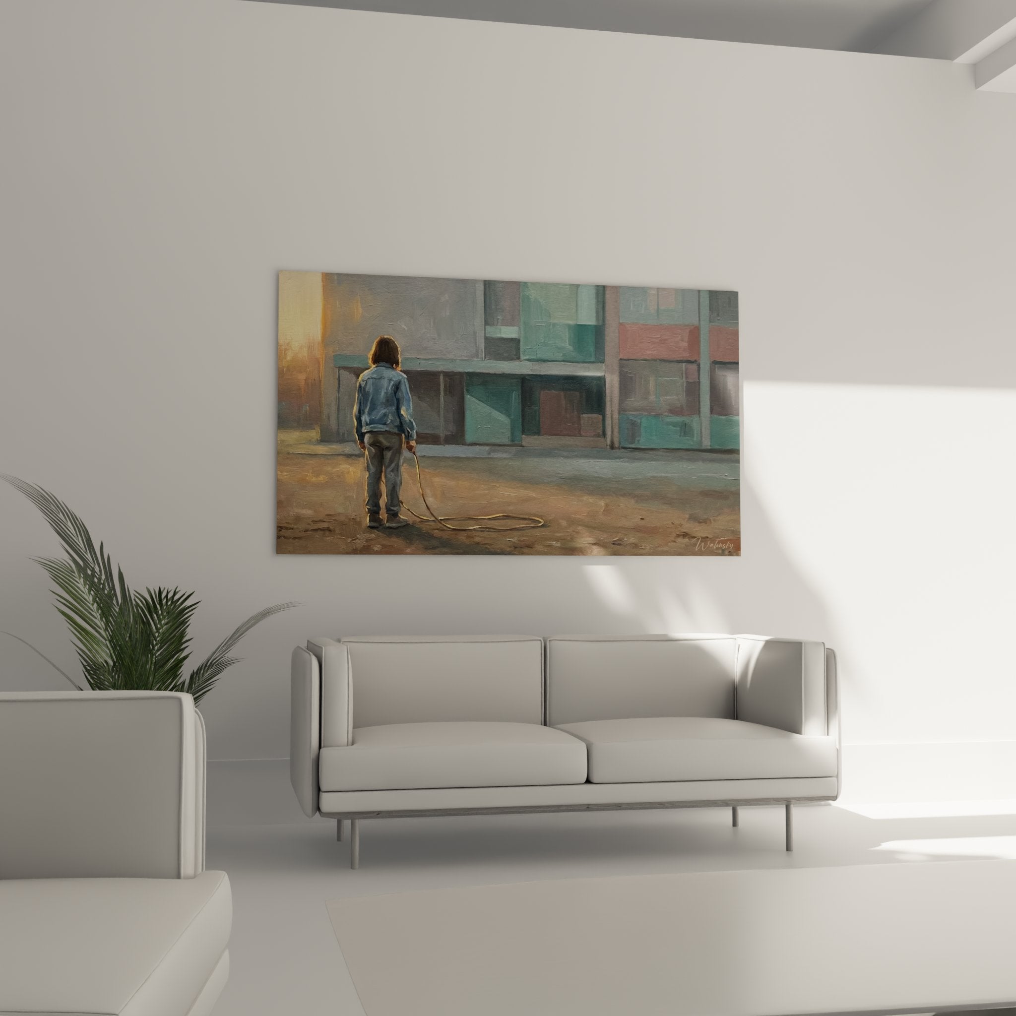 Child painting detail jumping rope artistic texture golden light reflections wet floor urban art