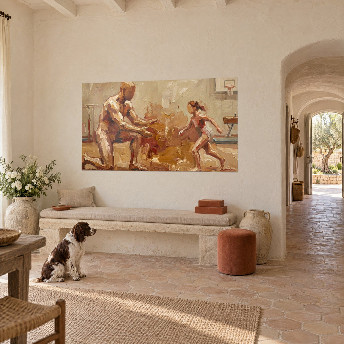 Wall art of a muscular coach kneeling before a young gymnast girl, beige and rust brushstrokes, Provençal farmhouse, well-behaved spaniel on the floor