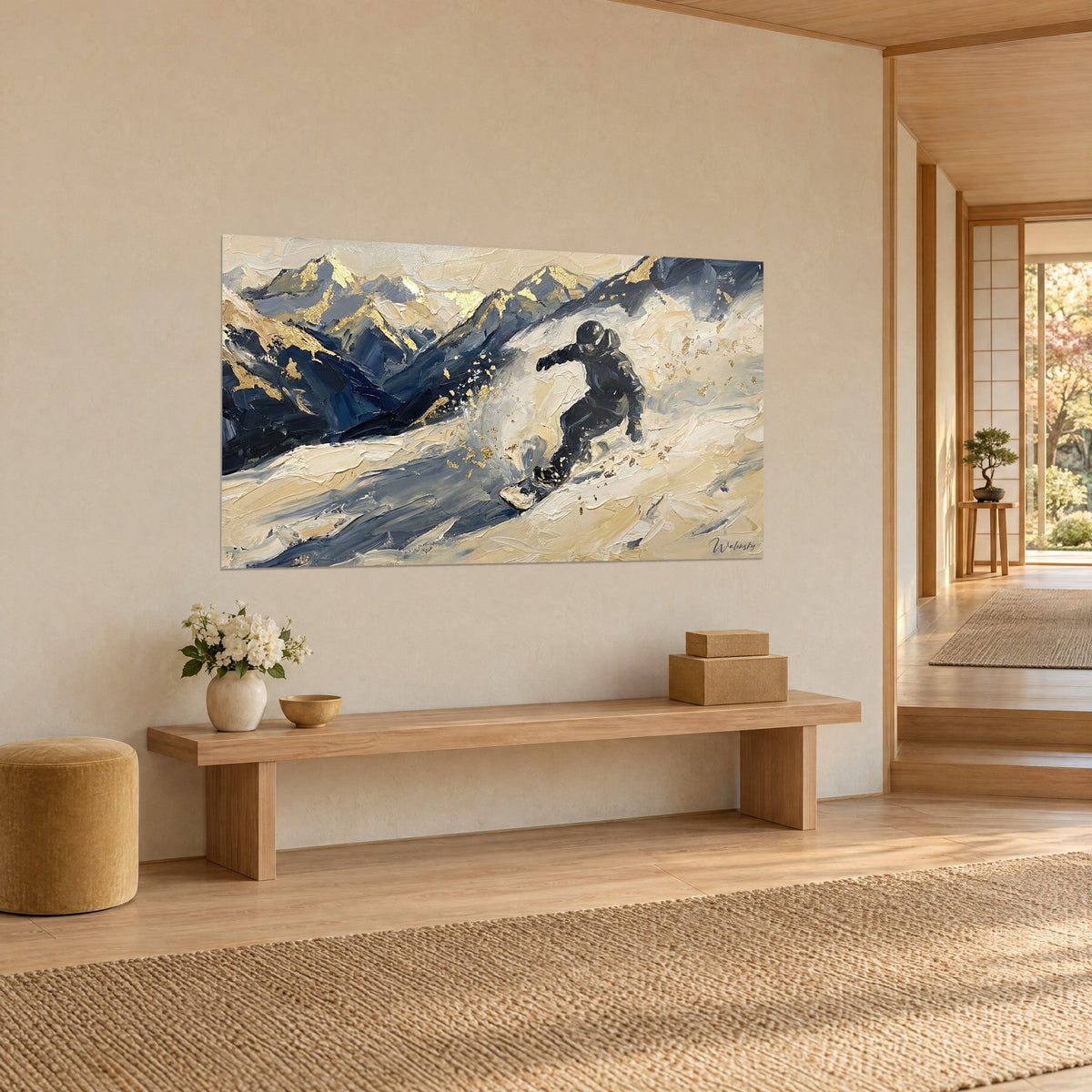 Tableau descente en planche dans une gerbe de neige ivoire, sommets bleu nuit dorés à la feuille, banc en bois clair