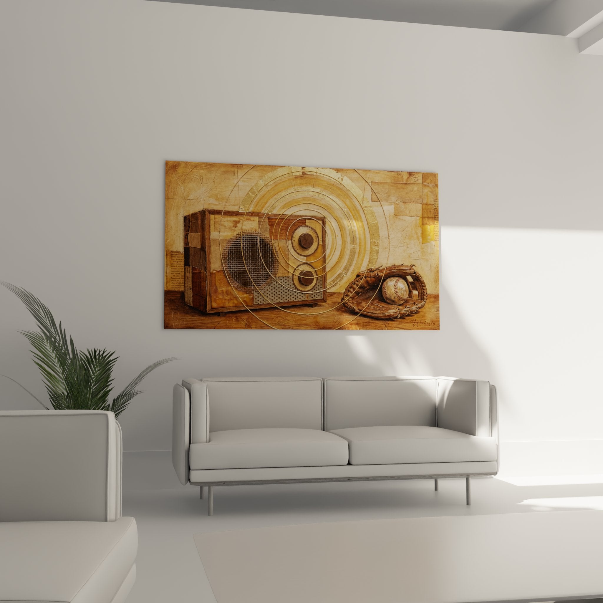 Detail tableau radio ancienne gant baseball cuir balle technique mixte collage tons ocre vintage