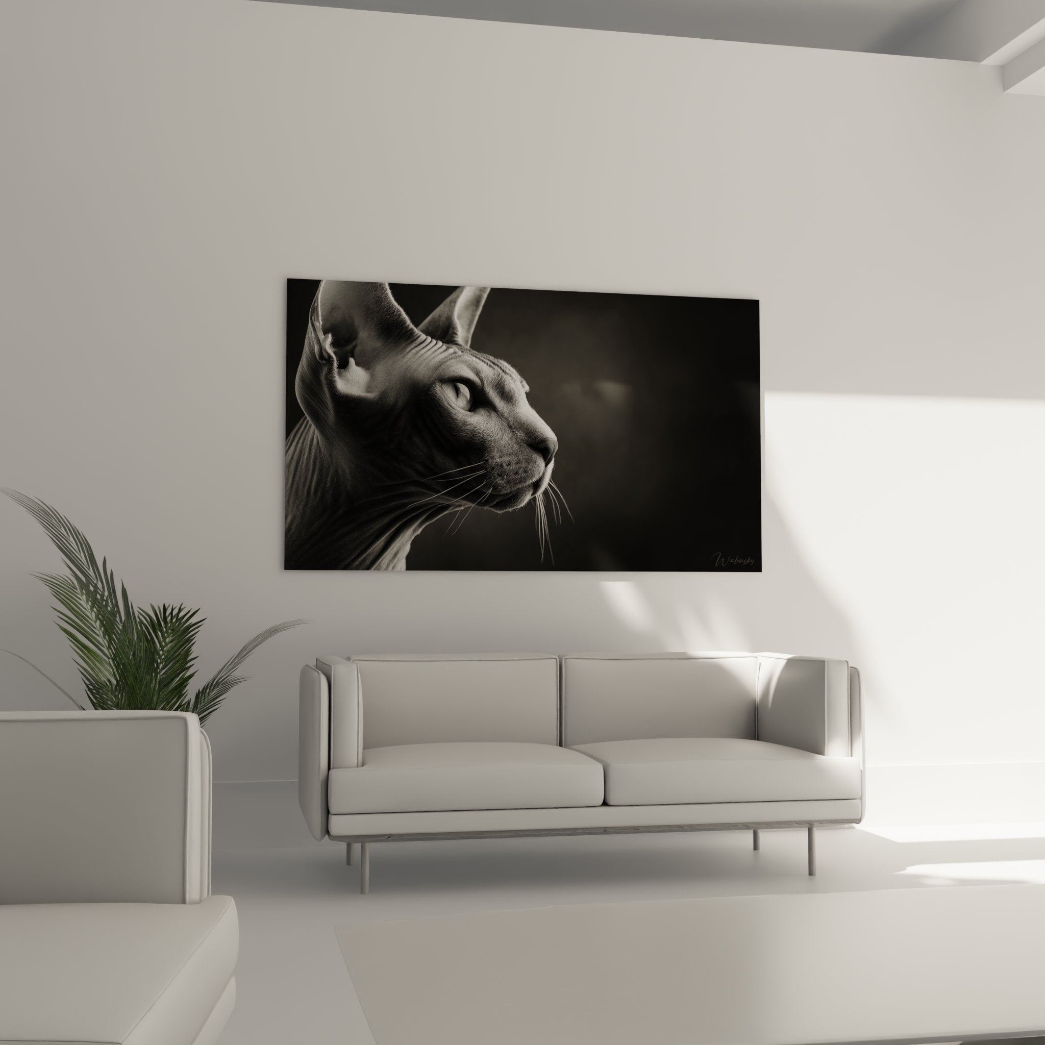 Primo piano del quadro gatto Sphynx che mostra i dettagli della pelle rugosa e l'intensità dello sguardo felino