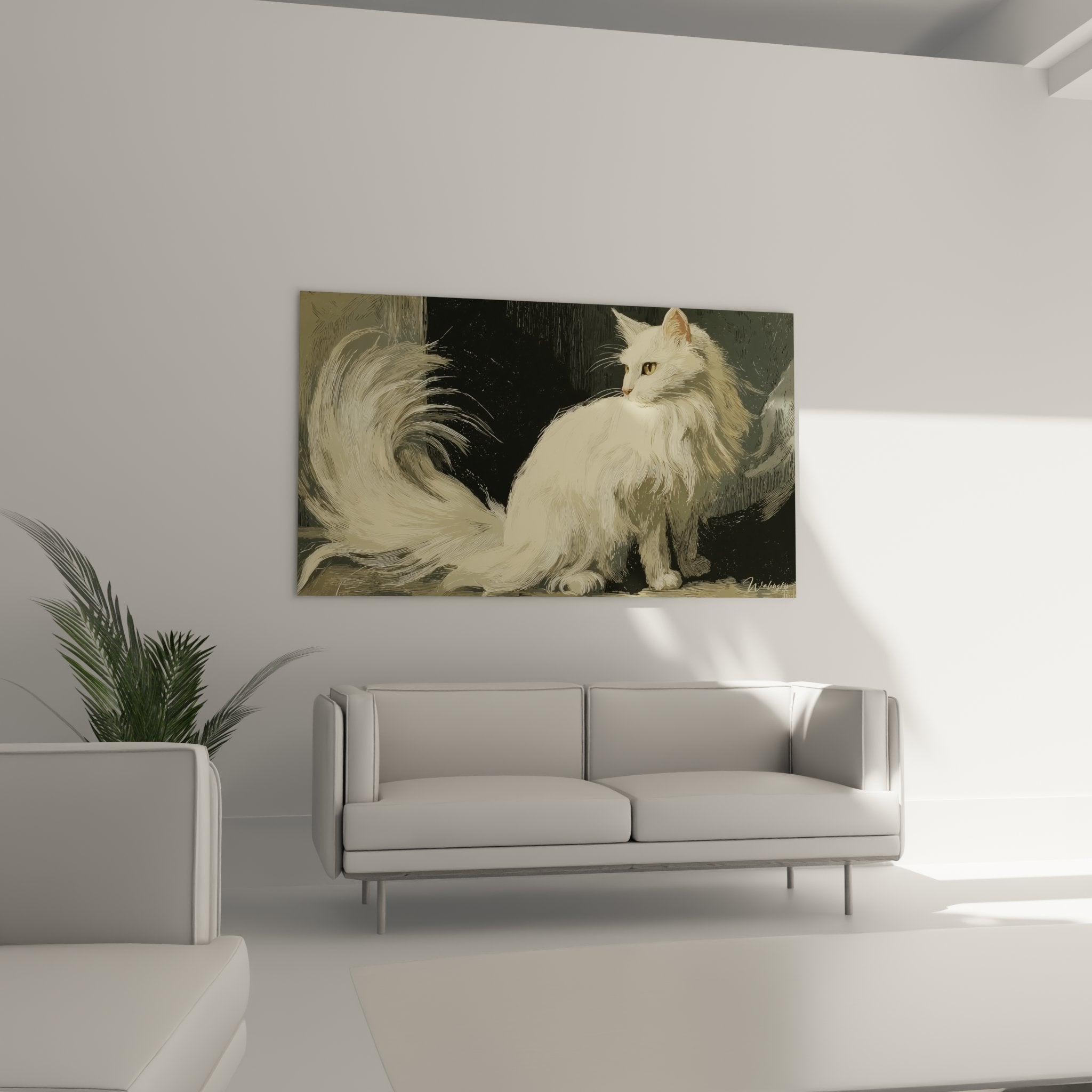 Detail white Turkish Angora cat painting long silky fur texture amber eyes engraving style
