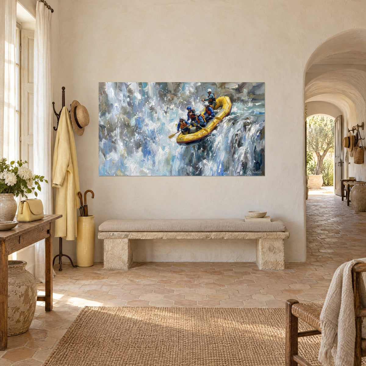 Wall art yellow inflatable boat plunging into the rapids, turquoise and white water, thick brushstrokes, Provençal farmhouse