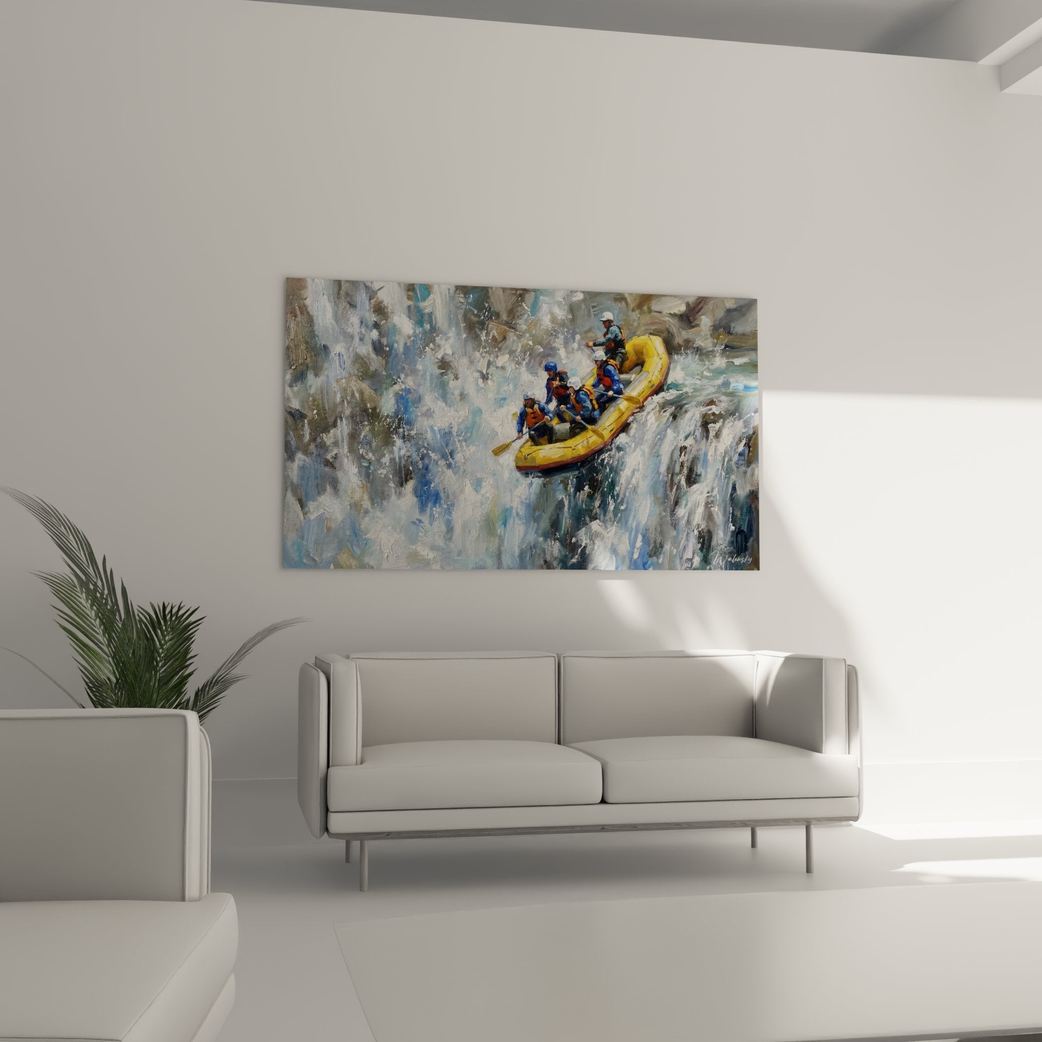 Detailed painting of technical rafting brush movement water splashes yellow raft artistic realism