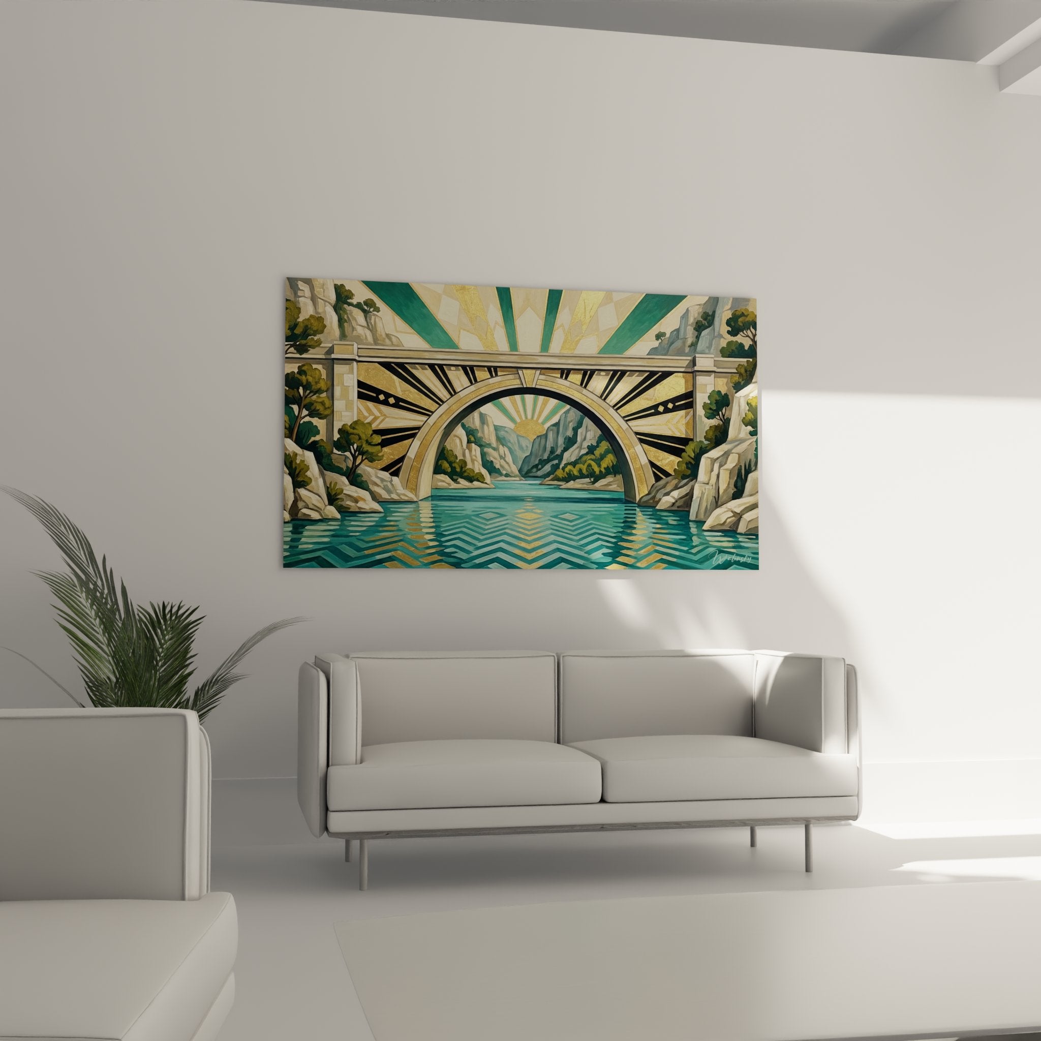 Detail proche tableau art deco verdon montrant motifs geometriques dores et rayons soleil stylises