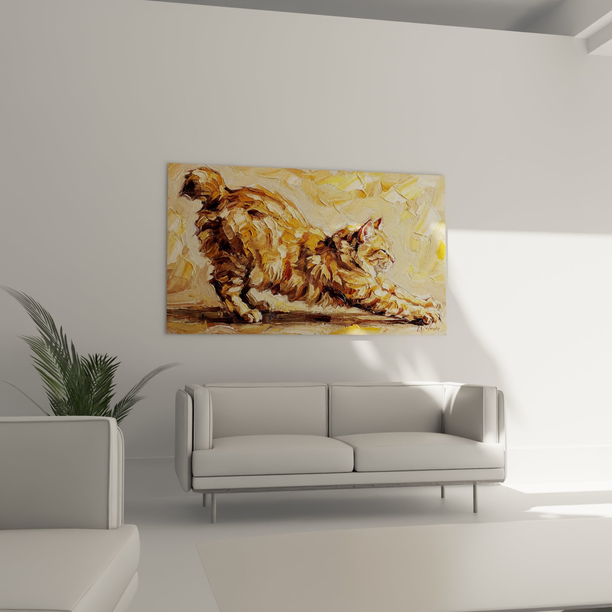 Détail peinture chat roux American Bobtail, texture pelage et coups de pinceau impressionnistes