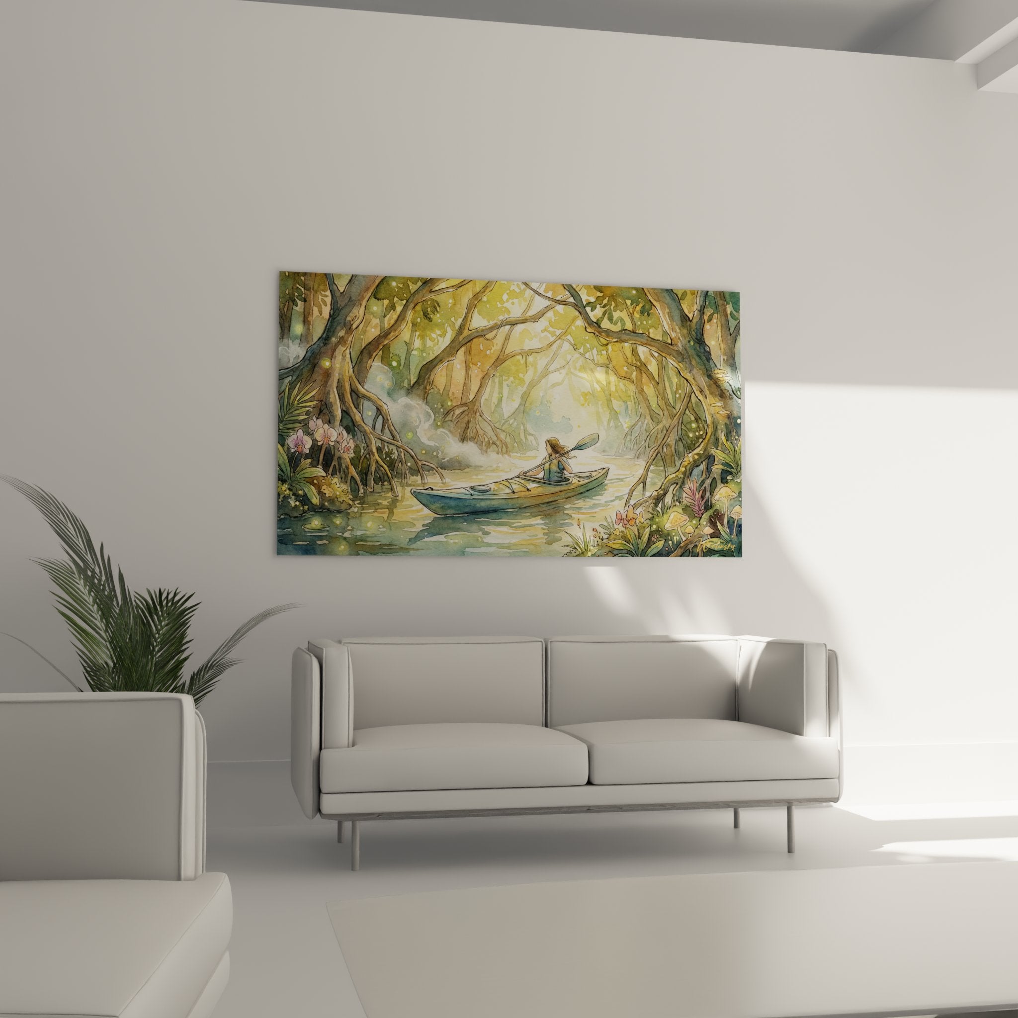 Détail tableau kayak montrant technique aquarelle et nuances dorées de la végétation luxuriante