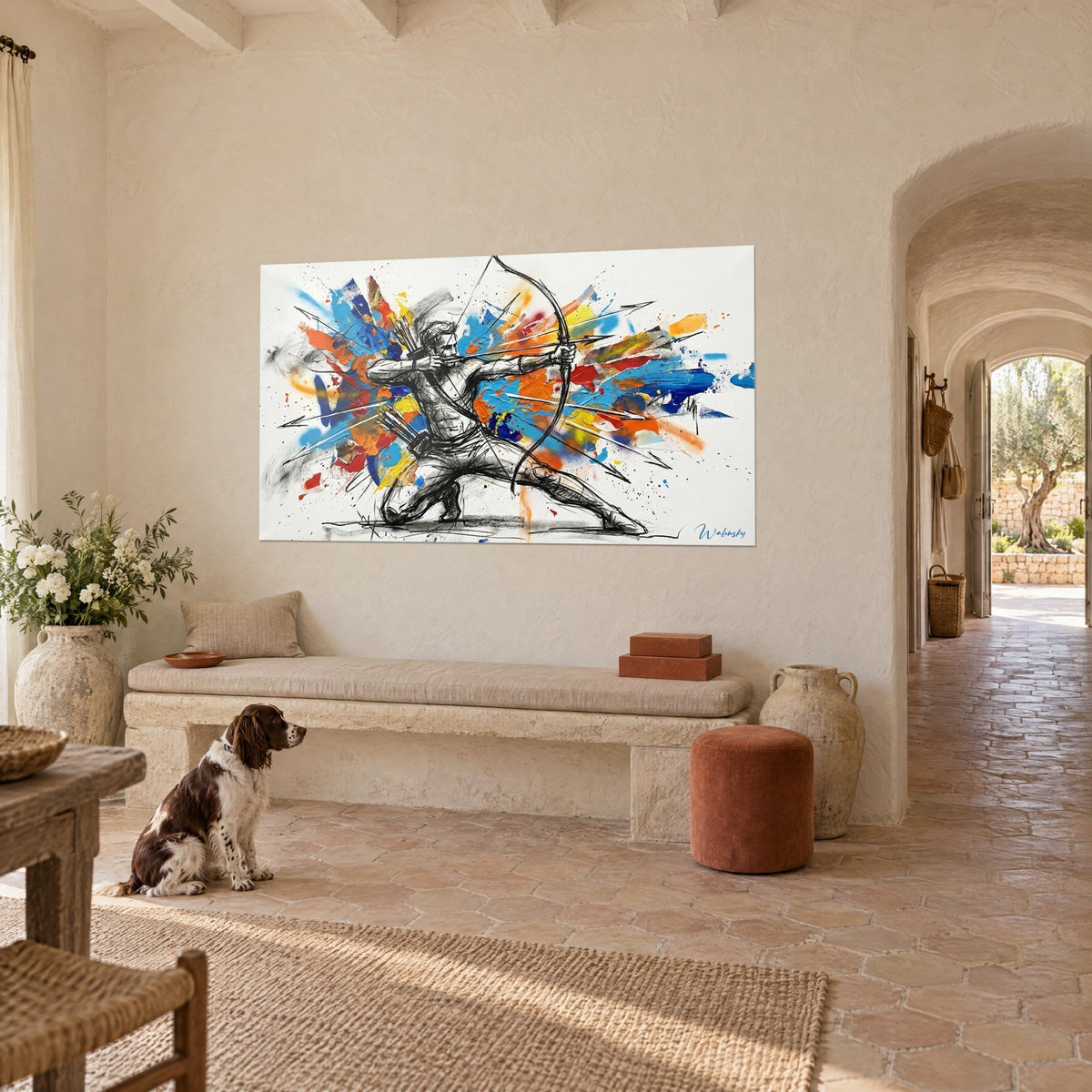 Tableau tireur à l'arc accroupi au fusain noir, taches bleu cobalt et rouge sur fond blanc, banquette en pierre, spaniel assis