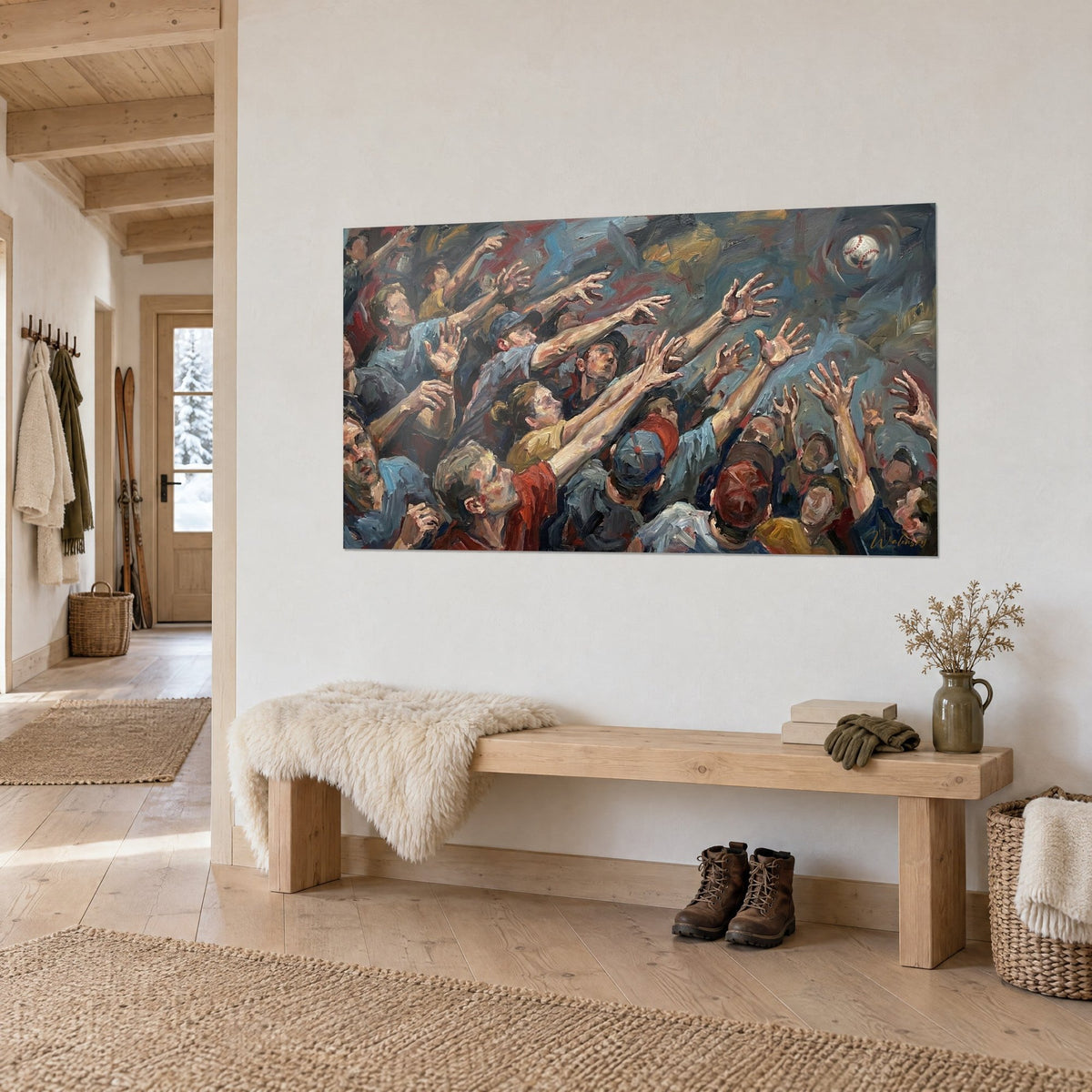Quadro tribune in festa, mani aperte verso una palla da baseball, berretti rossi e blu acciaio, panca in legno, chalet