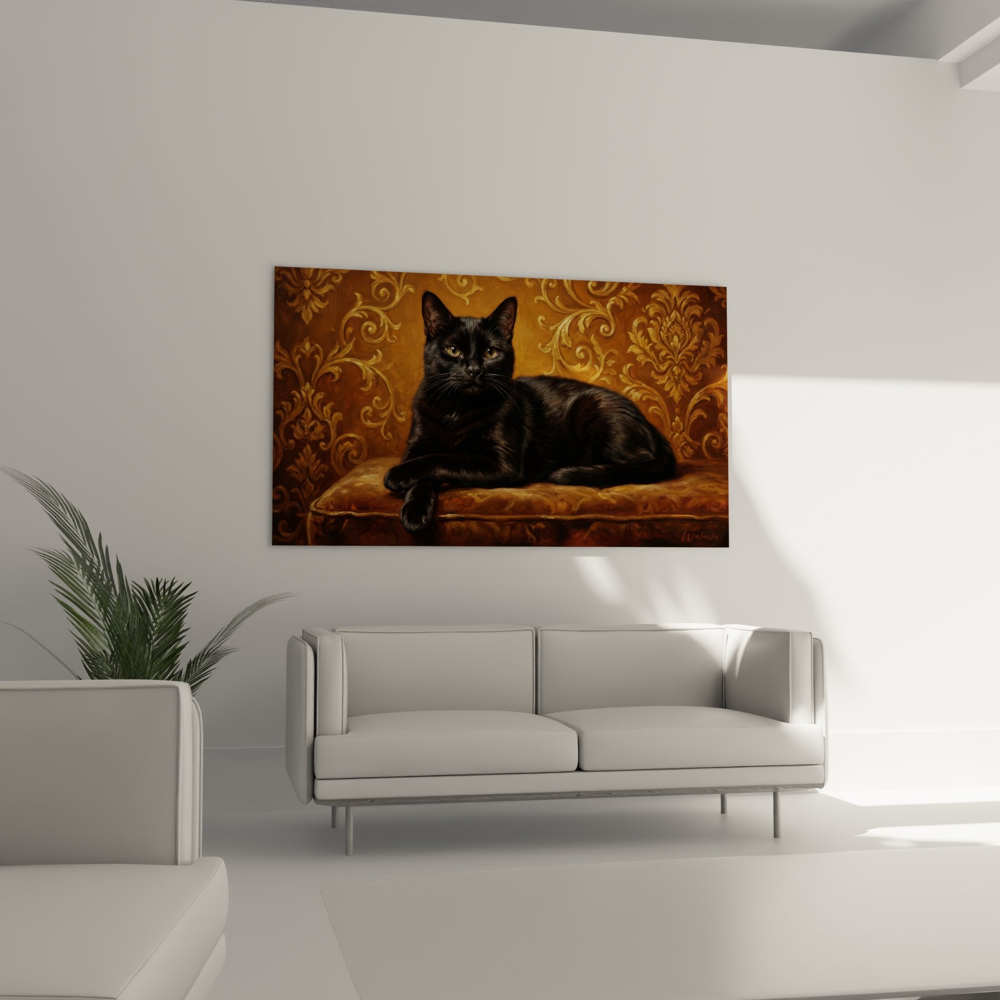 Gros plan sur tableau chat noir Bombay avec détails du pelage brillant et yeux ambrés