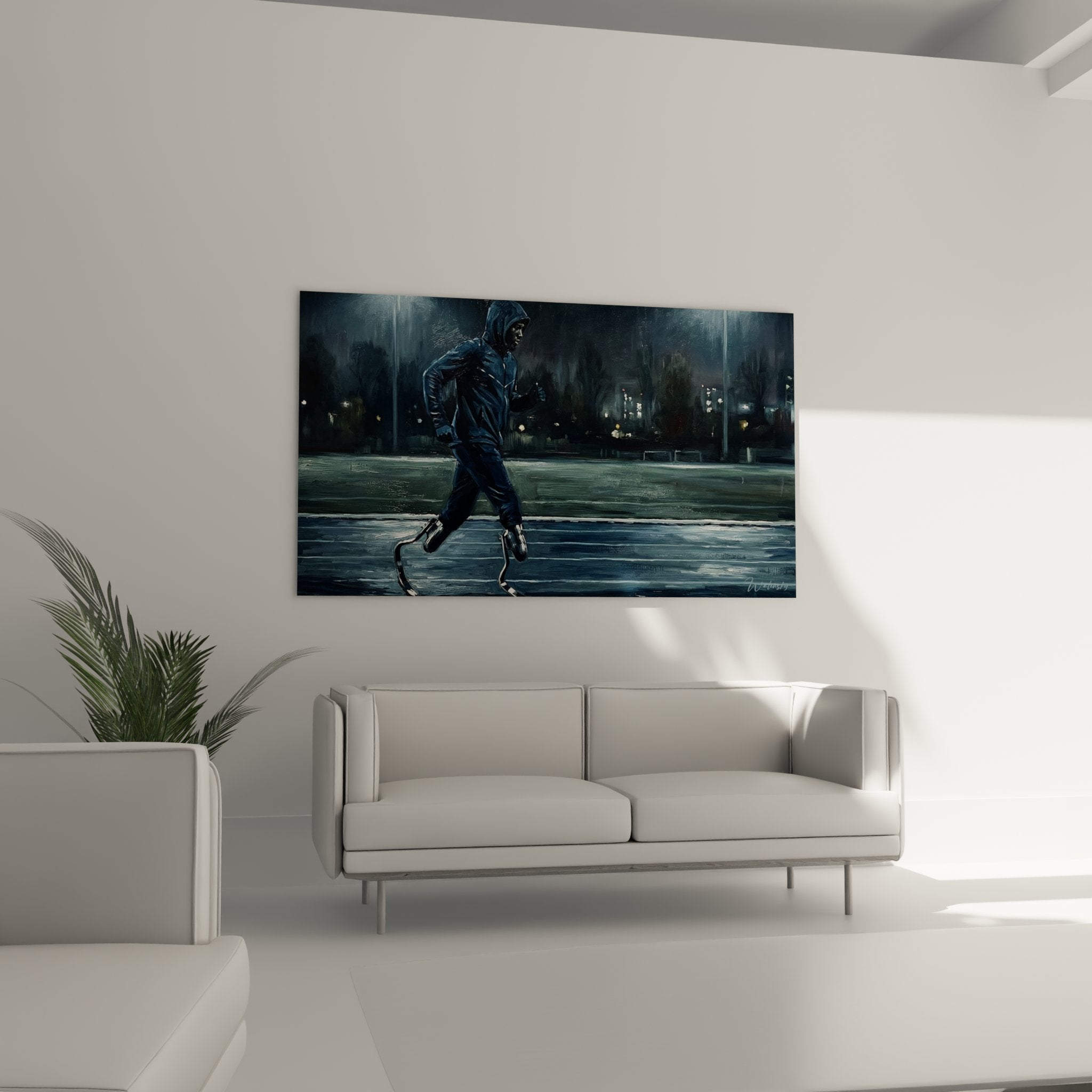 Détail du tableau montrant les prothèses de course de l'athlète paralympique et les reflets sur l'asphalte