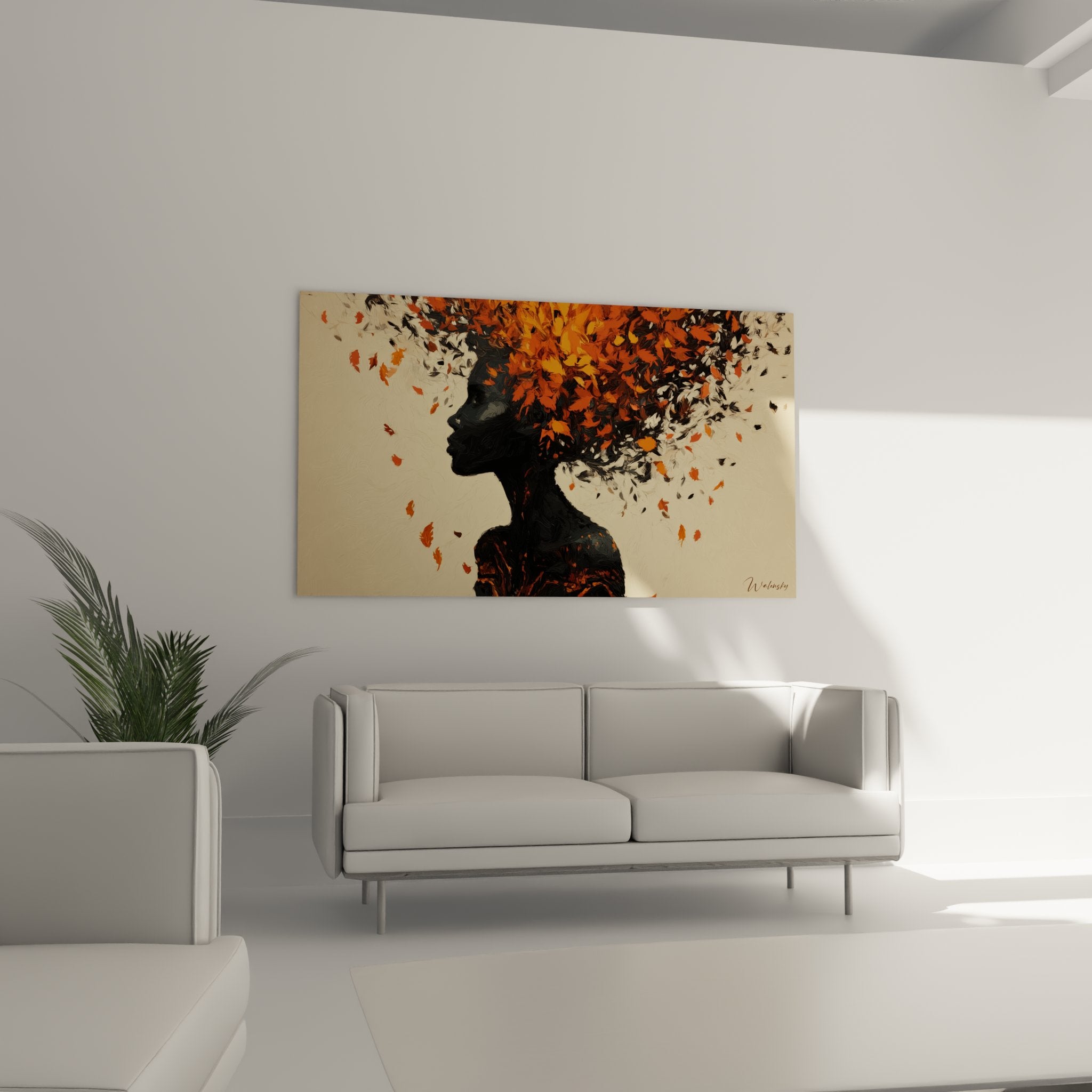 Dettaglio artistico del viso femminile africano con foglie autunnali arancioni e rosse in movimento