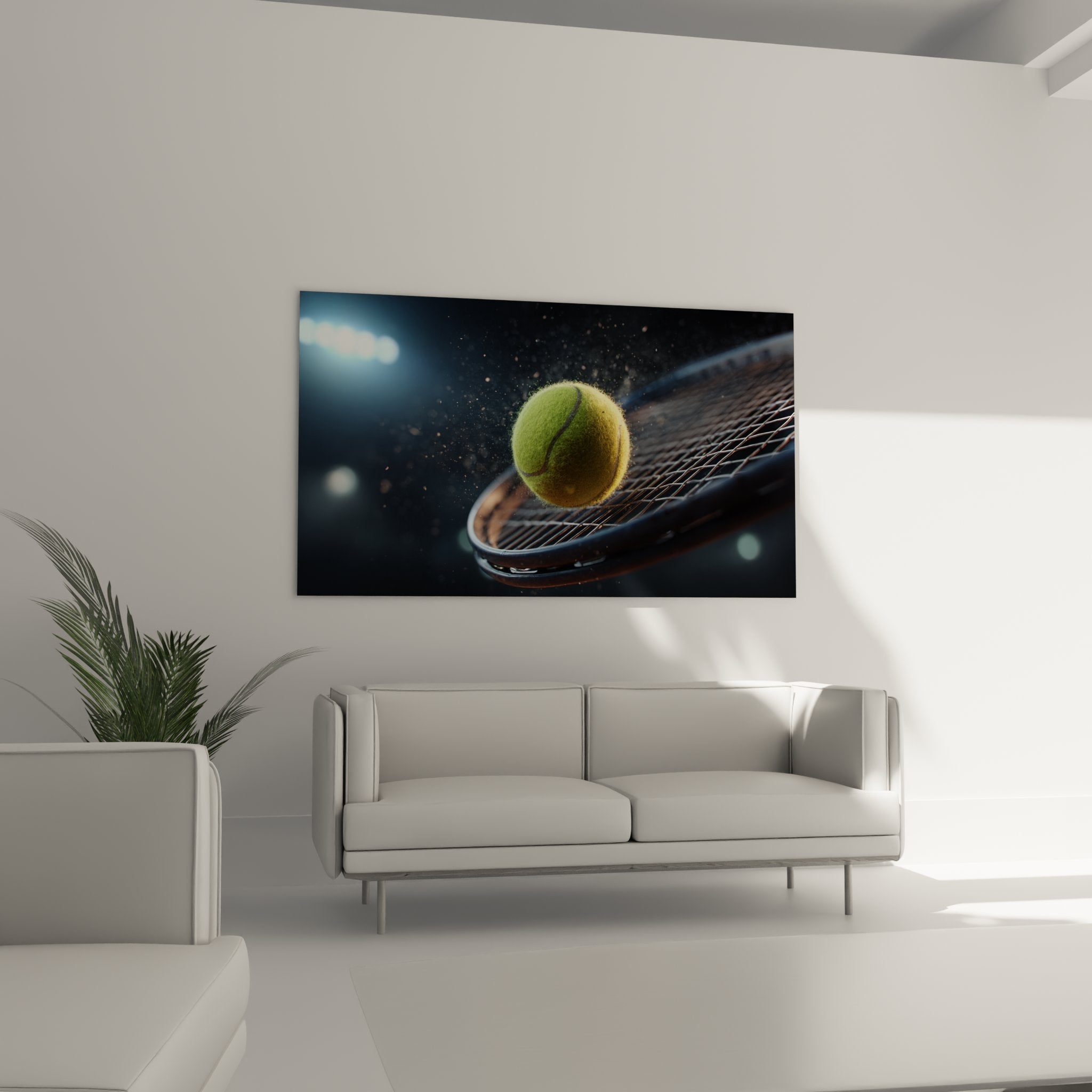 Gros plan tableau tennis balle jaune raquette cordes detail hyperrealiste particules lumineuses