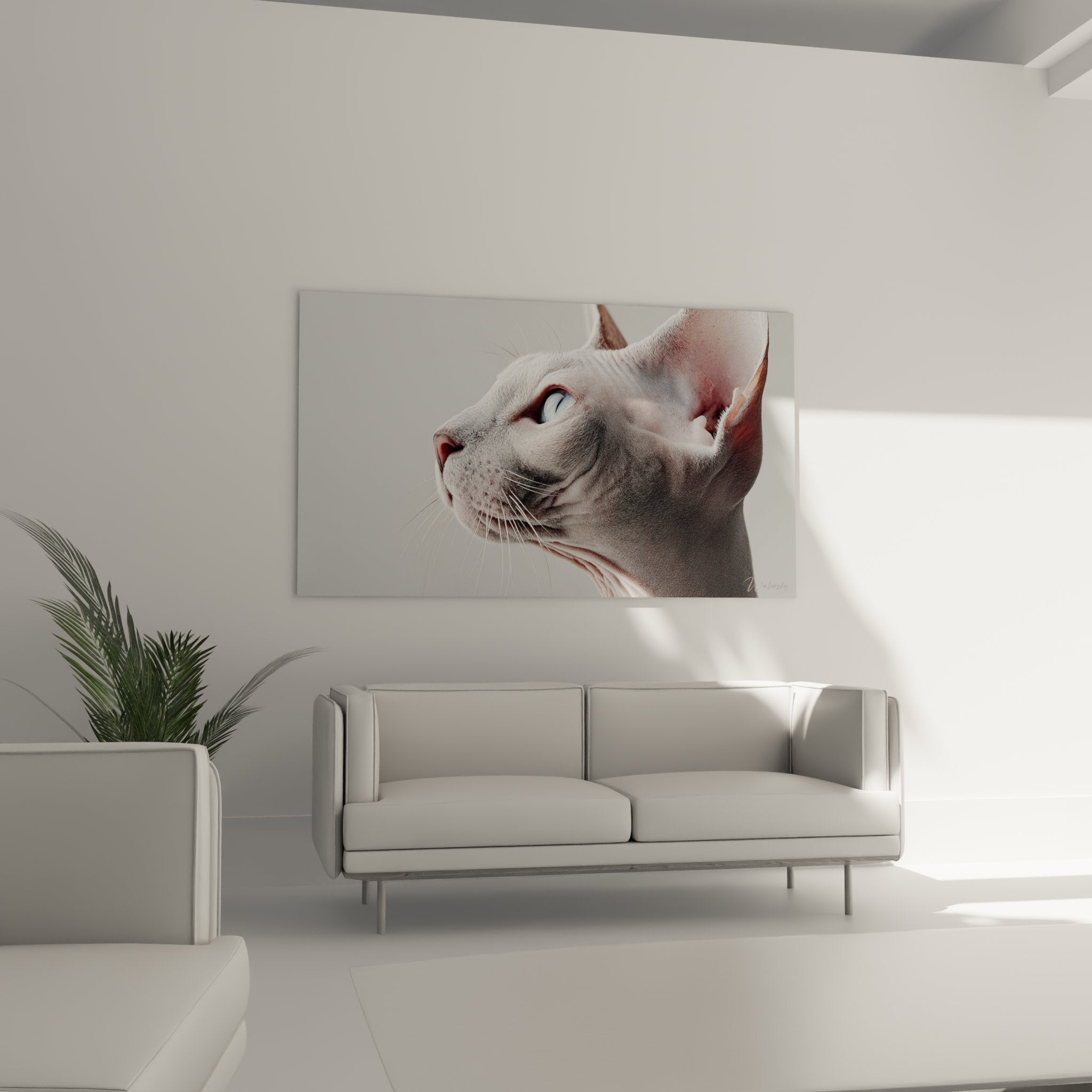 Primo piano quadro ritratto gatto Sphynx pelle nuda vibrisse bianche sguardo intenso arte realistica