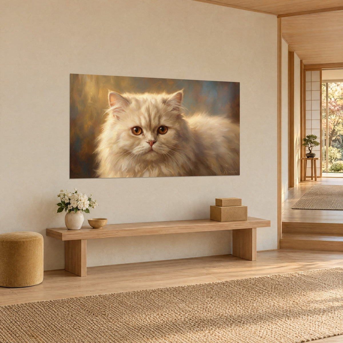 Cuadro retrato felino de ojos color miel y hocico rosa, pelaje marfil, vista de tres cuartos sobre una pared blanca encima de un banco de madera