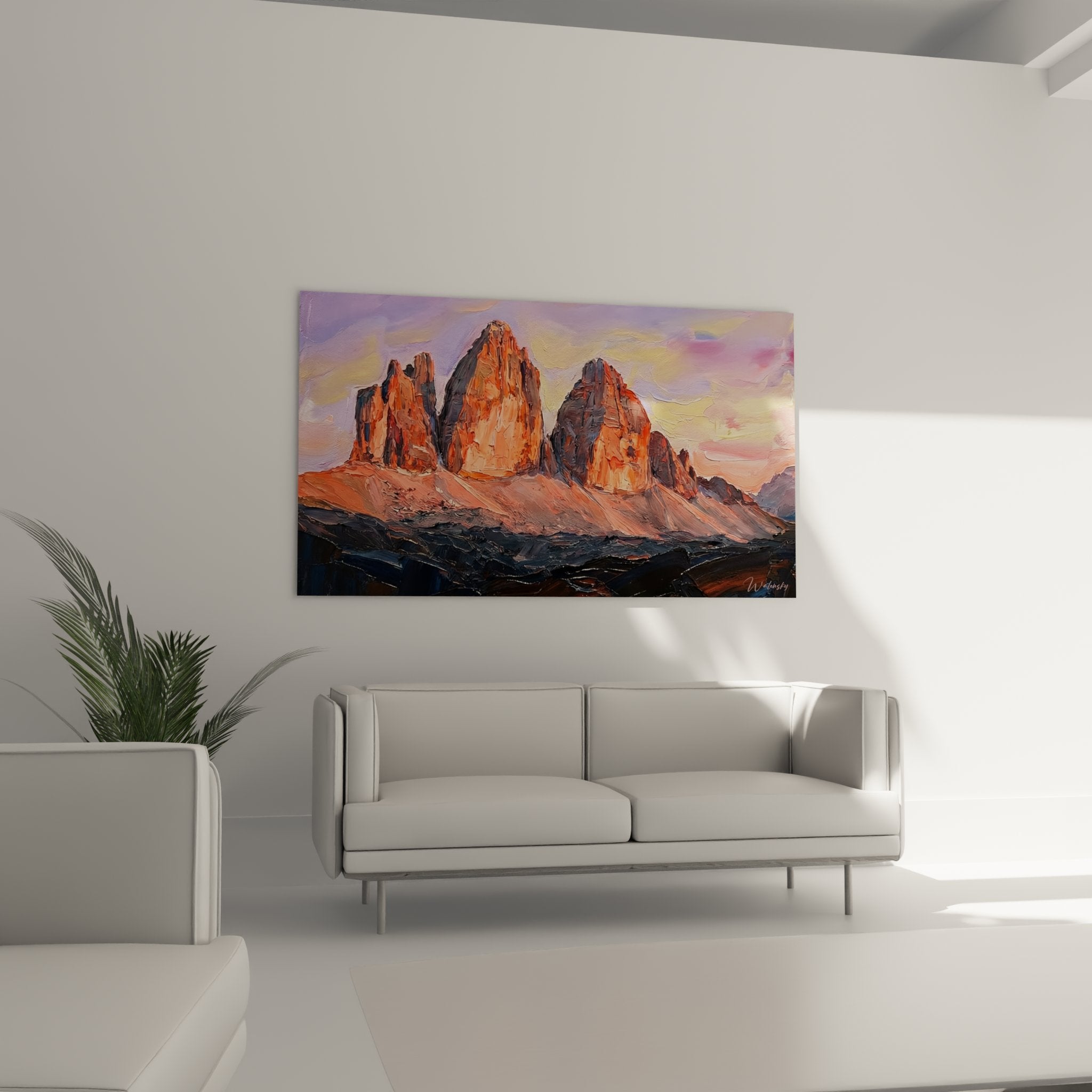 Dettaglio pittura texture Tre Cime Lavaredo Dolomiti tecnica pittorica impressionista montagna arancione rosso