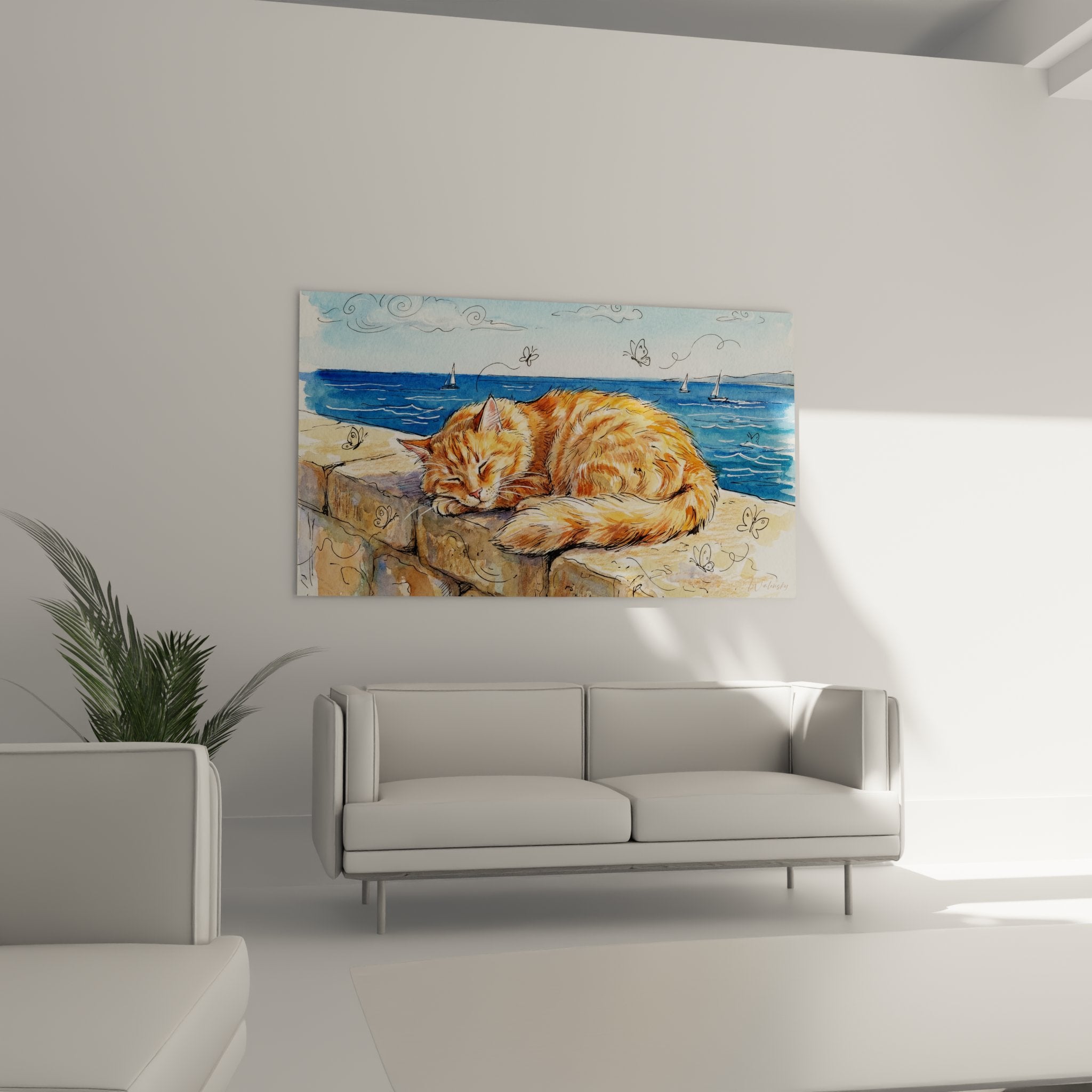 Détail aquarelle chat roux pelage orangé dormant paisiblement pierres chaudes Côte d'Azur