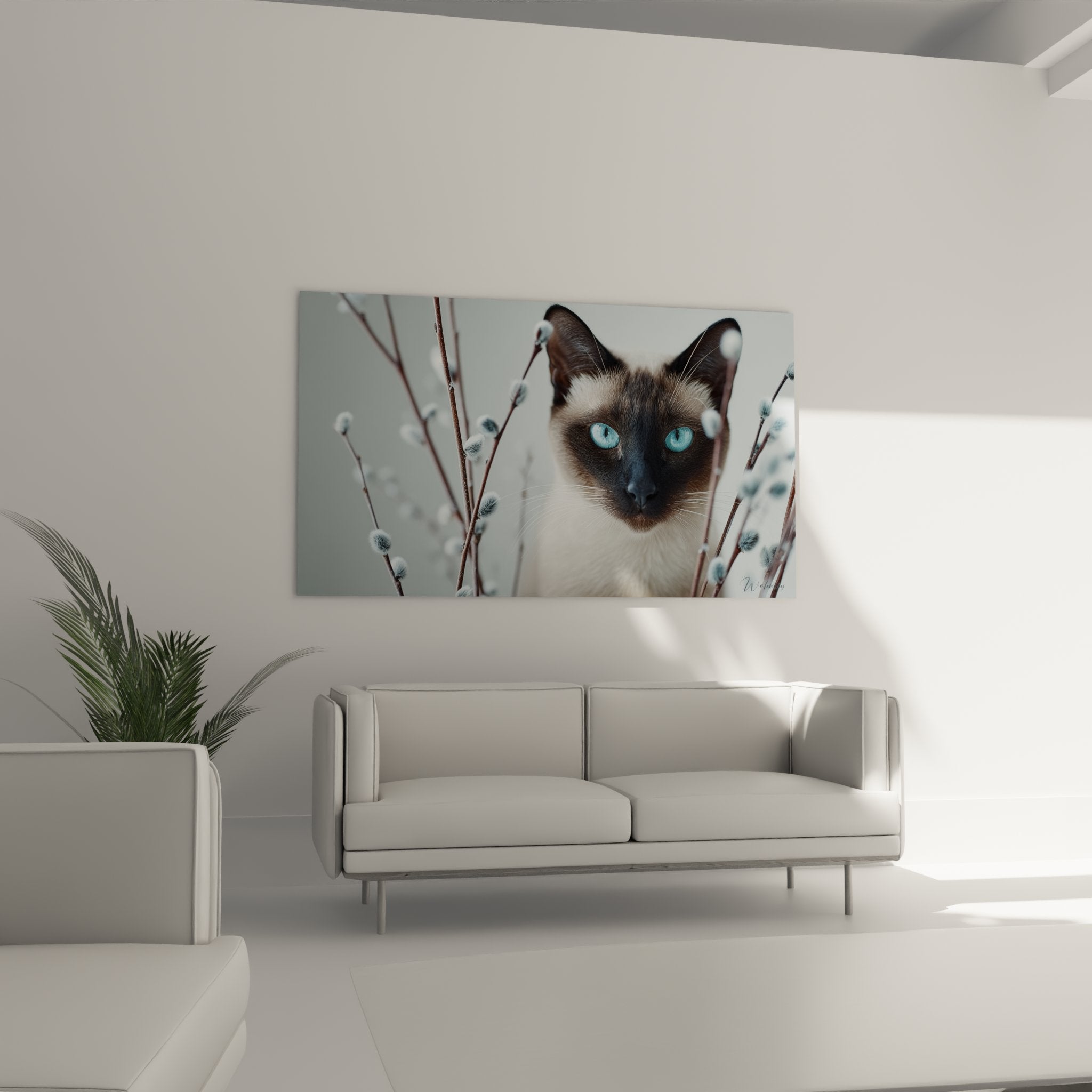 Gros plan sur chat Balinais seal point aux yeux turquoise avec détails chatons de saule argentés