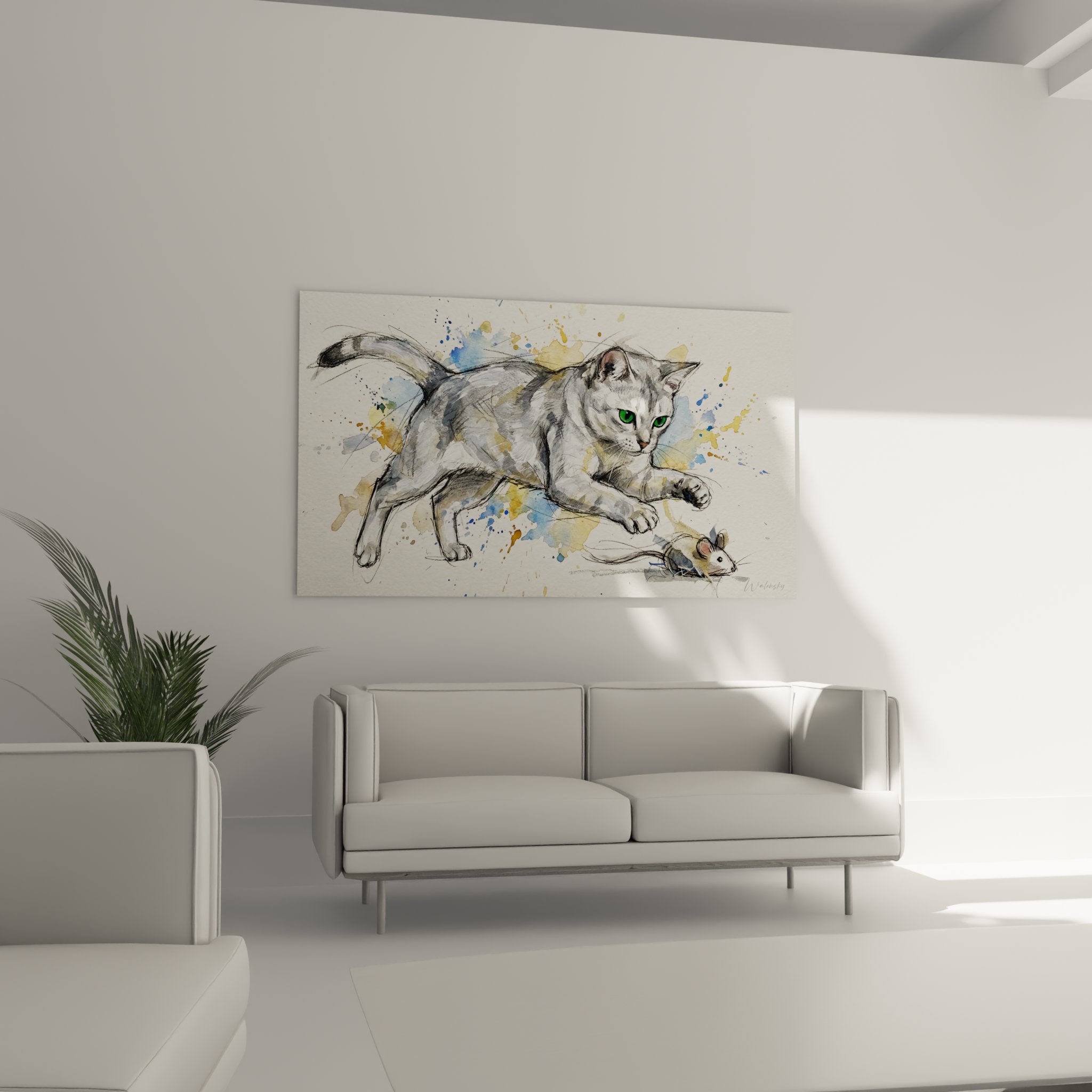 Detail peinture yeux verts chat Burmilla technique aquarelle traits precis eclaboussures bleues dorees