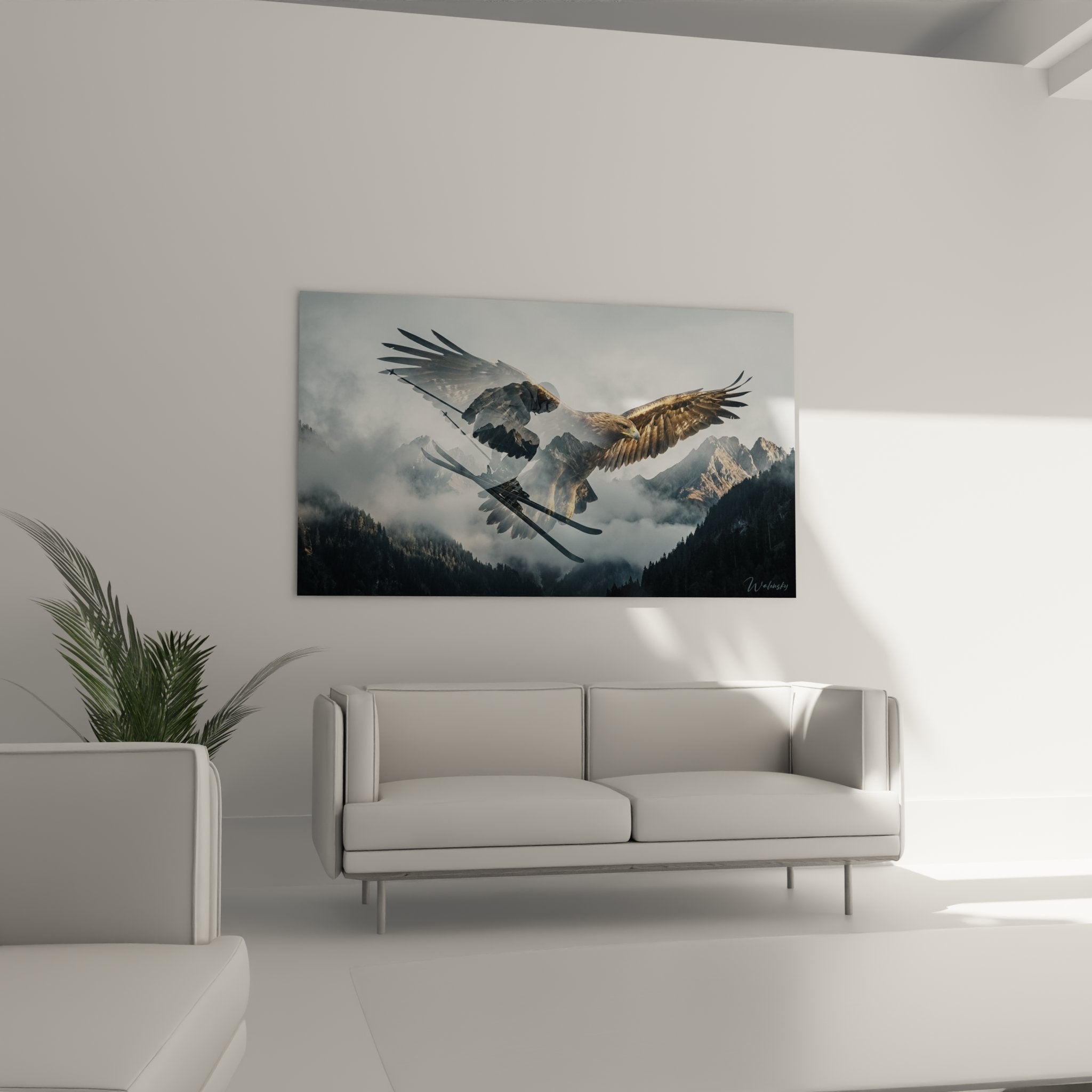 Détail rapproché du tableau montrant le réalisme des plumes d'aigle et la finesse des skis