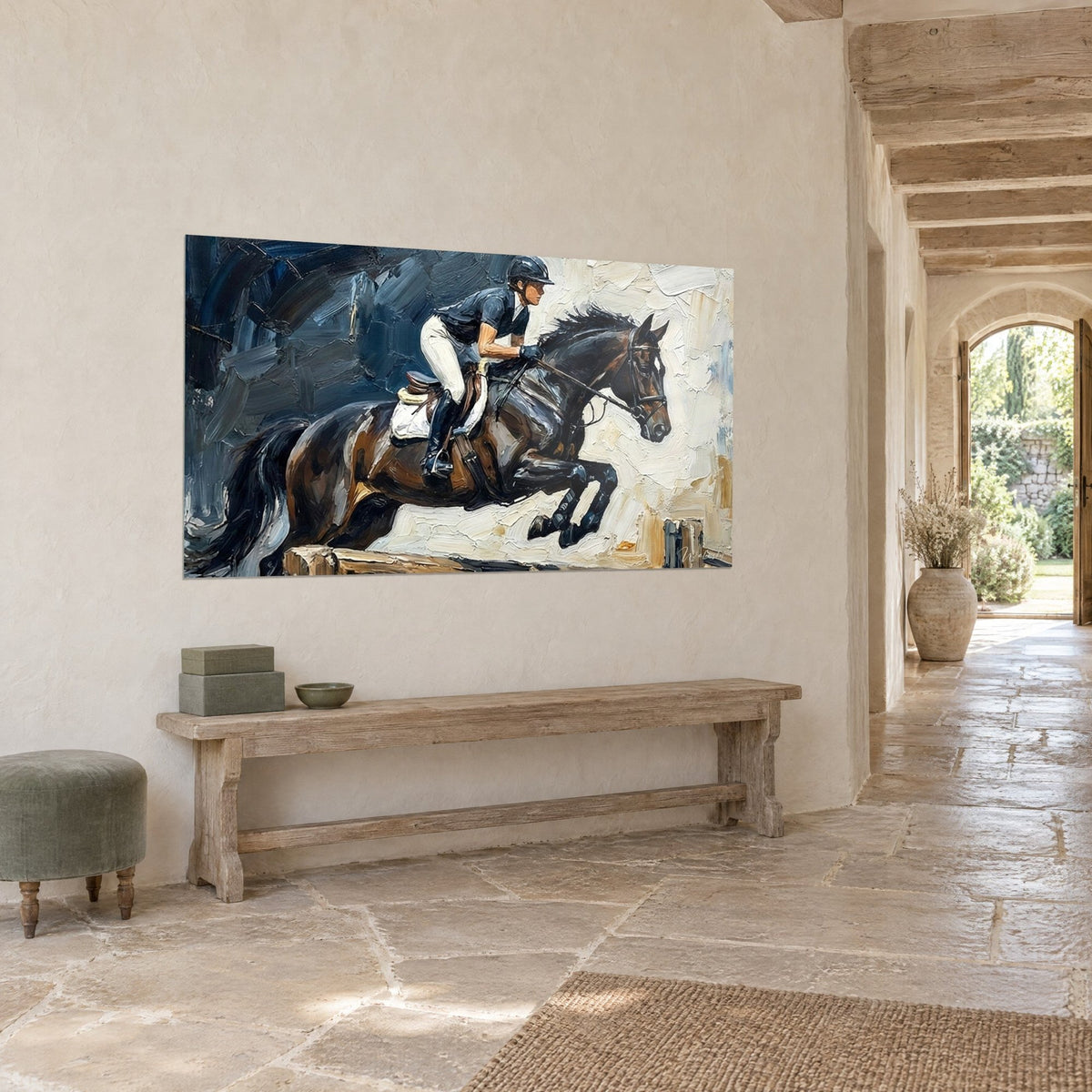 Tableau saut équestre à la peinture épaisse, étalon sombre aux jambes repliées, culotte blanche et gris ardoise, entrée en pierre et poutres