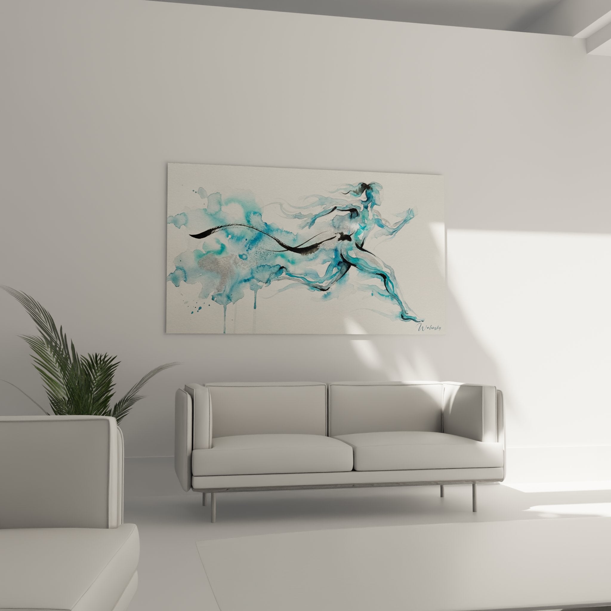 Watercolor runner detail showcasing fluid painting techniques and expressive brushwork