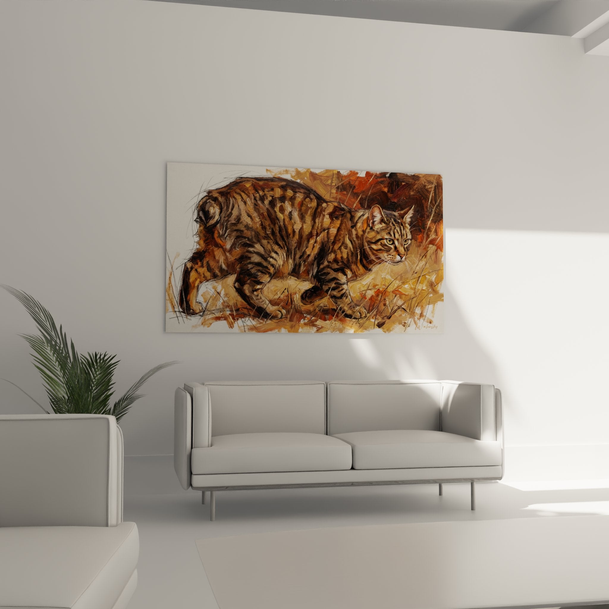 Primo piano quadro gatto tigre mantello rigato pittura espressiva dettaglio artistico colori caldi