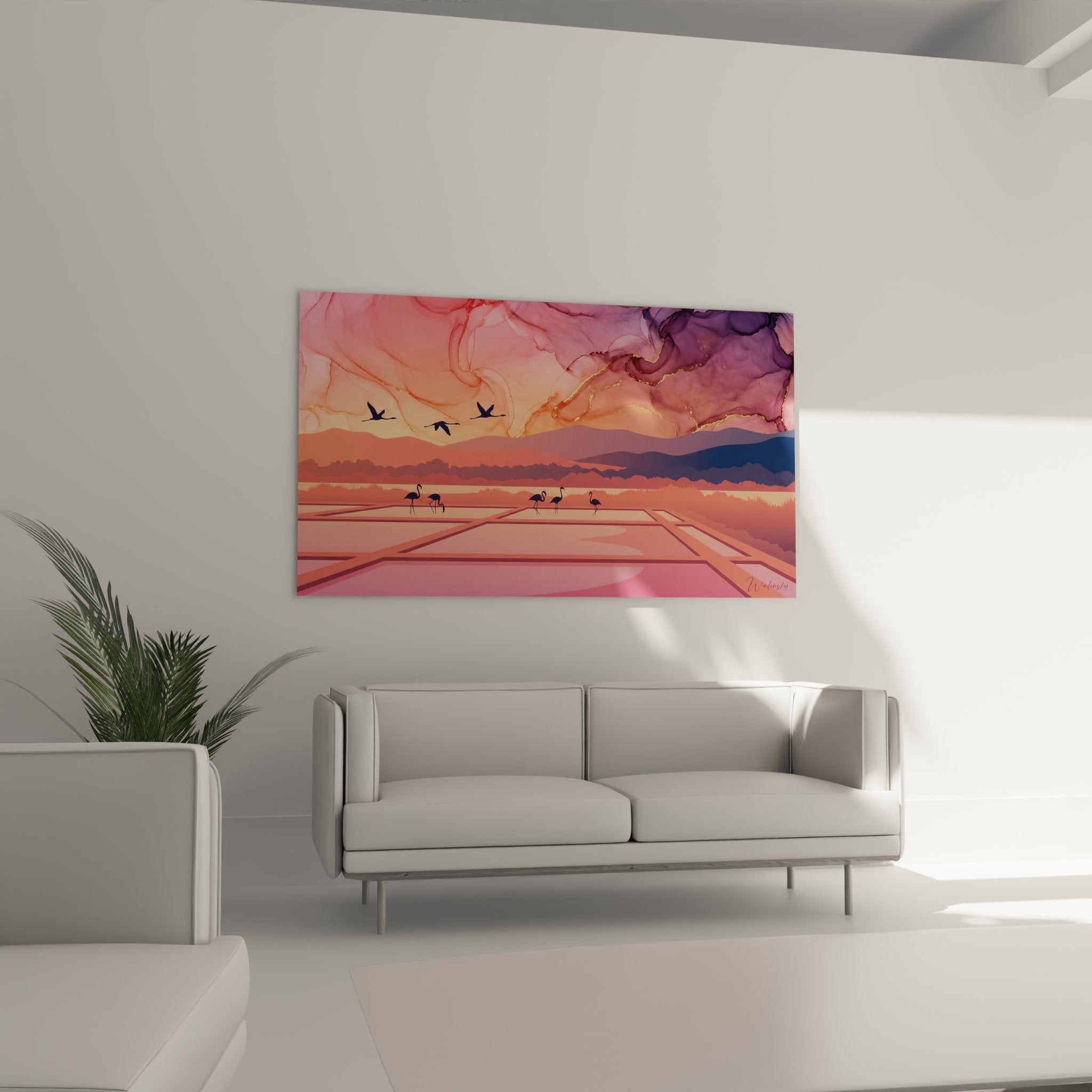 Dettaglio quadro fenicotteri rosa Camargue texture colori rosa viola qualità stampa arte murale
