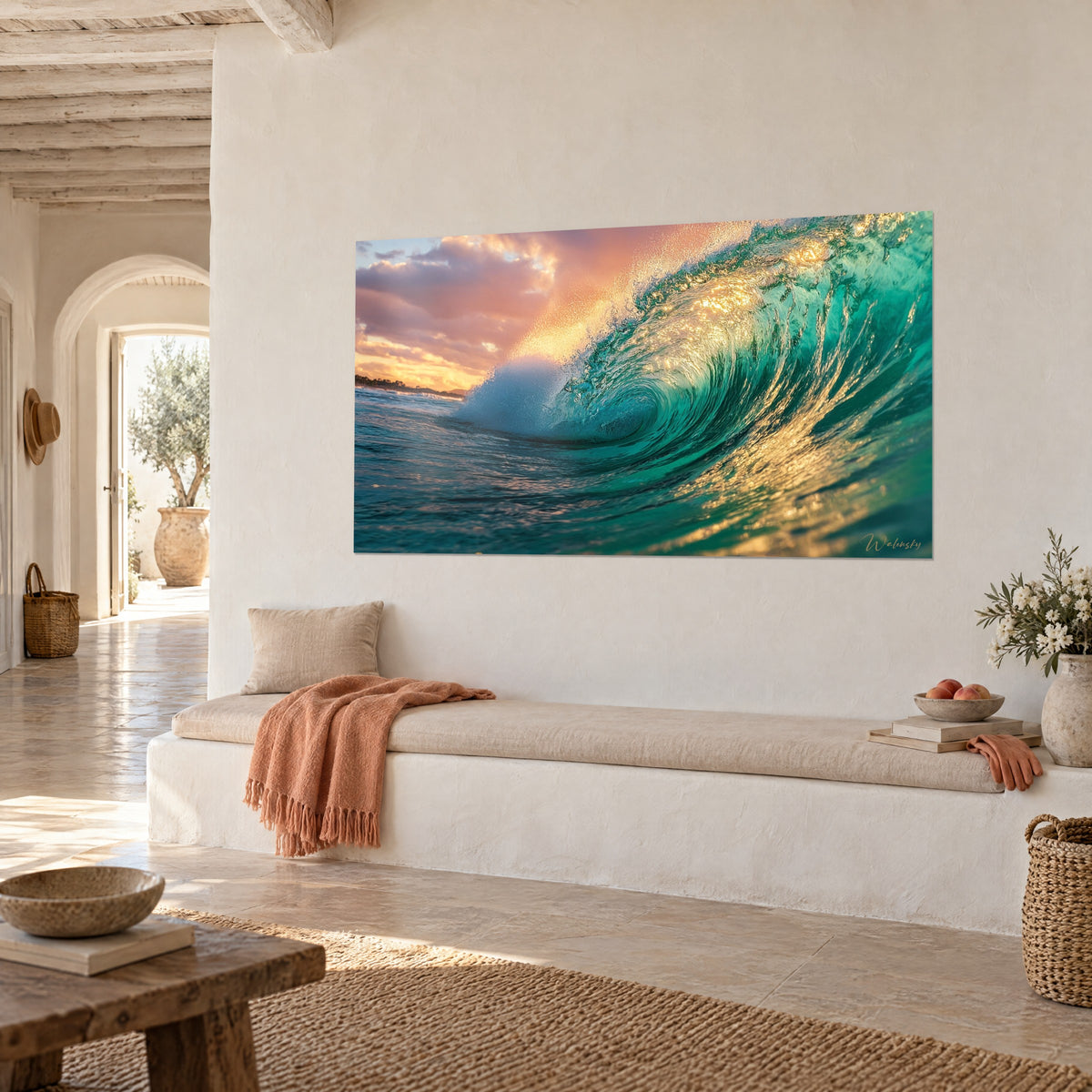 Gemälde Smaragdwasserwalze mit bernsteinfarbenen Kämmen, pfirsich- und malvenfarbene Wolken, dreiviertel Ansicht in einem mediterranen Haus