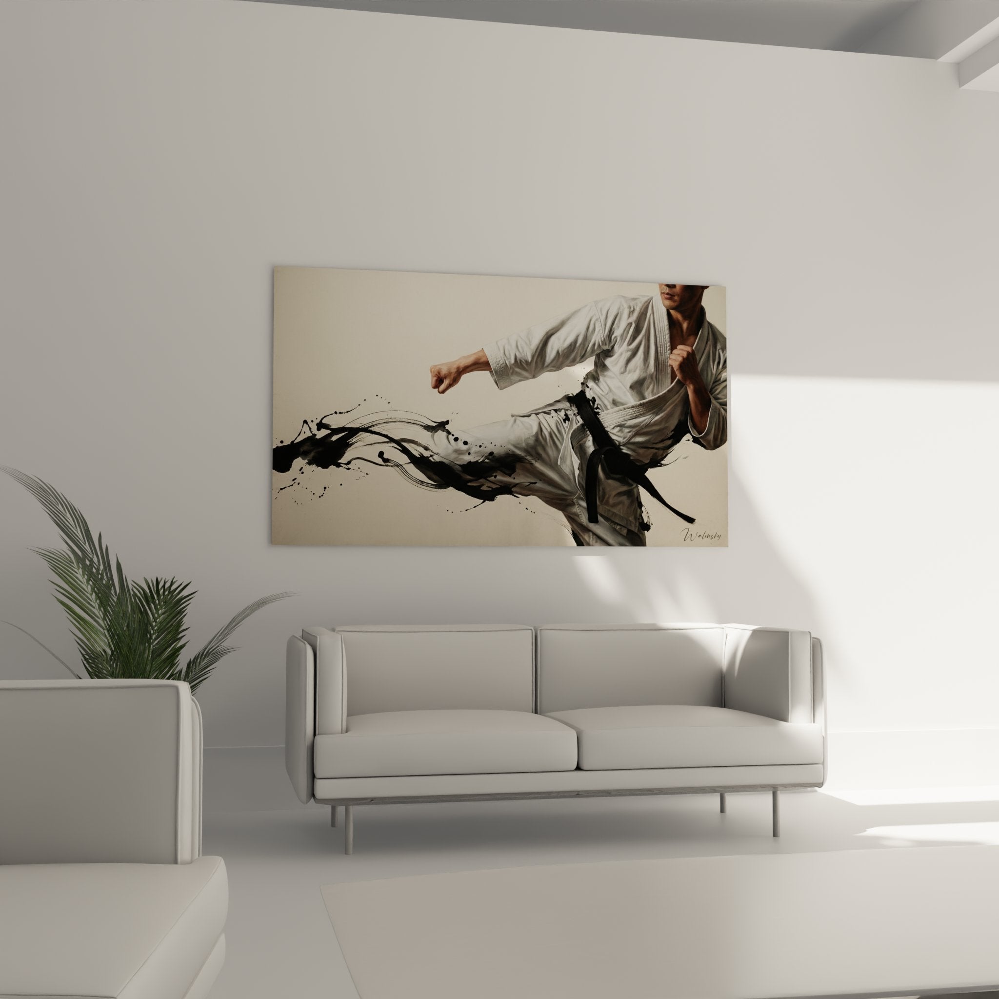 Détail tableau karaté montrant technique coup de pied et projections encre symbolisant énergie ki arts martiaux