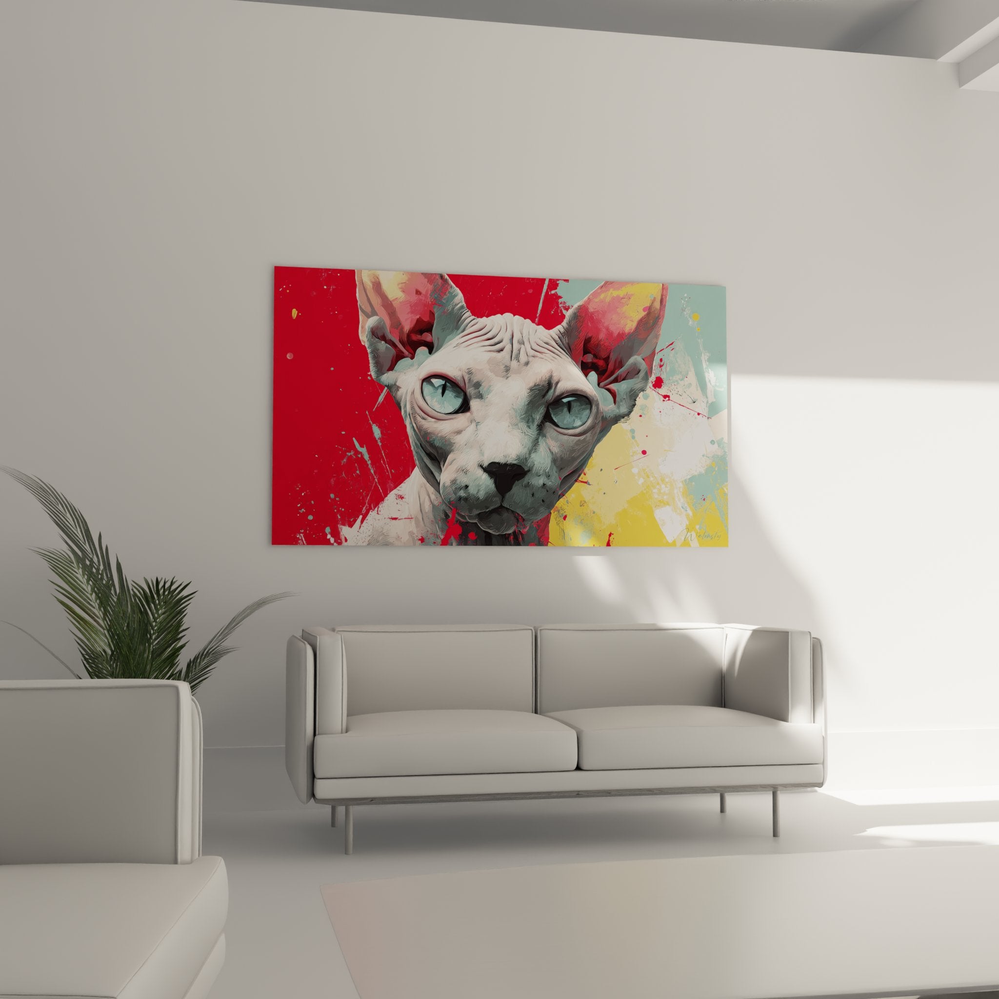 Primo piano quadro gatto Sphynx occhi blu penetranti pelle glabra stile pop art dettagli texture