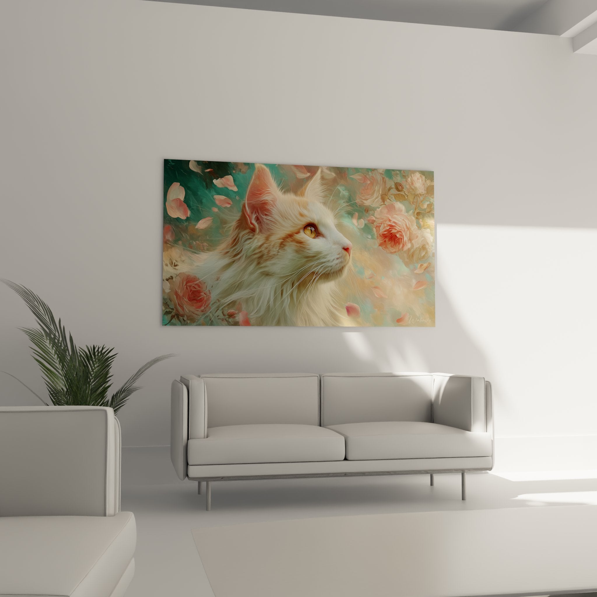 Nahaufnahme Gemälde Turkish Angora weißes weiches seidiges Fell detailliert mit künstlerischen rosa Rosen