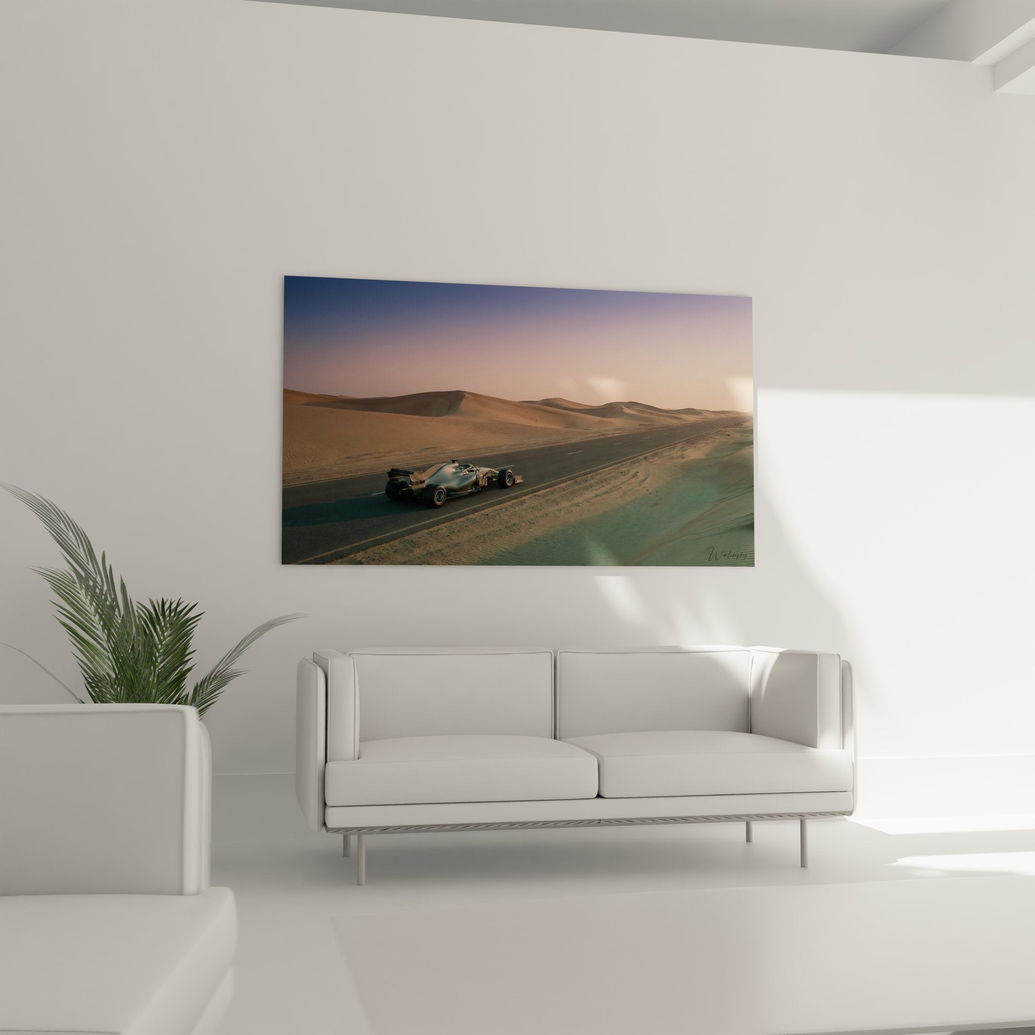 Detail tableau F1 desert qualite impression toile monoplace route asphalte dunes art mural premium