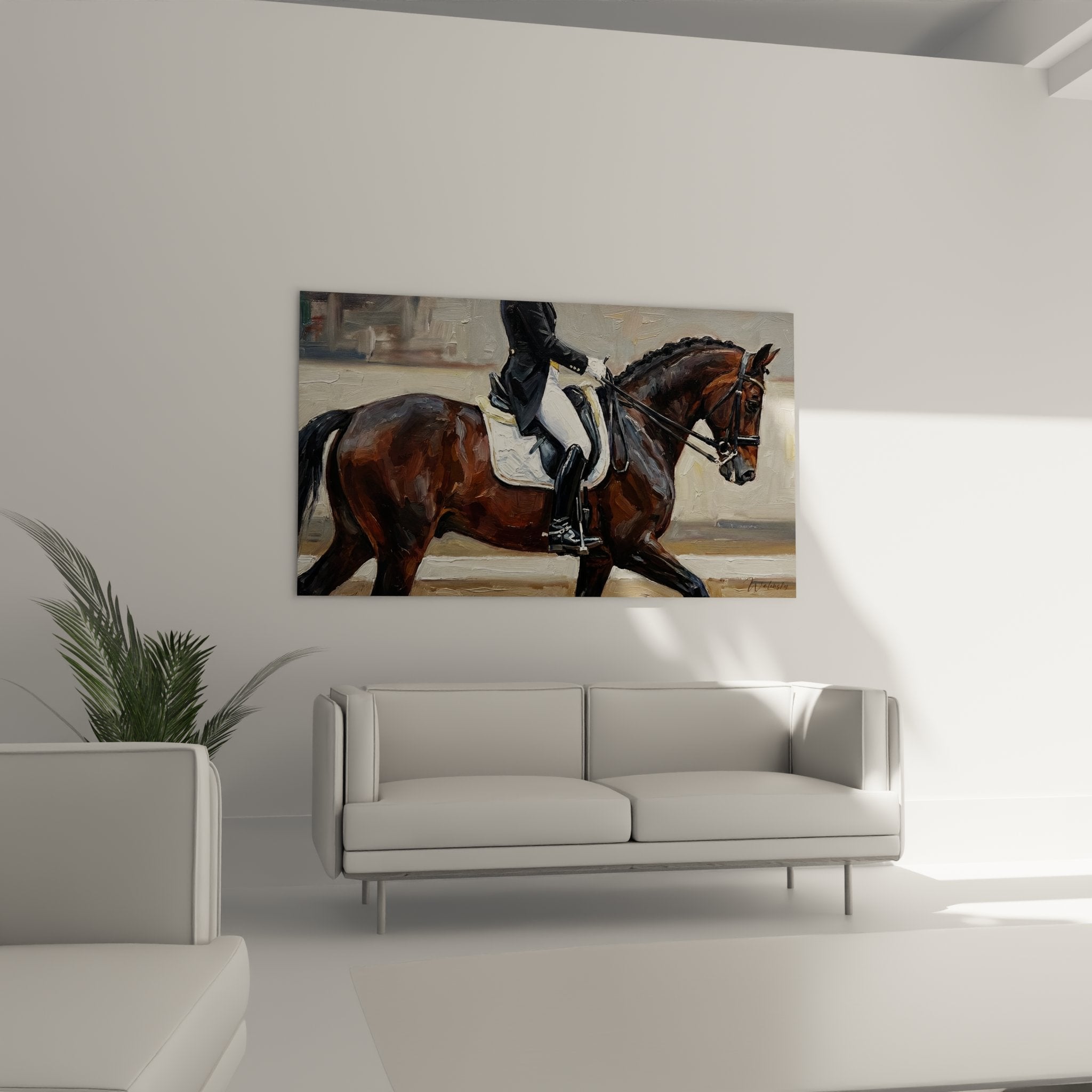 Dettaglio dipinto cavaliere dressage, tecnica pennellata visibile, colori caldi cavallo baio e abito nero