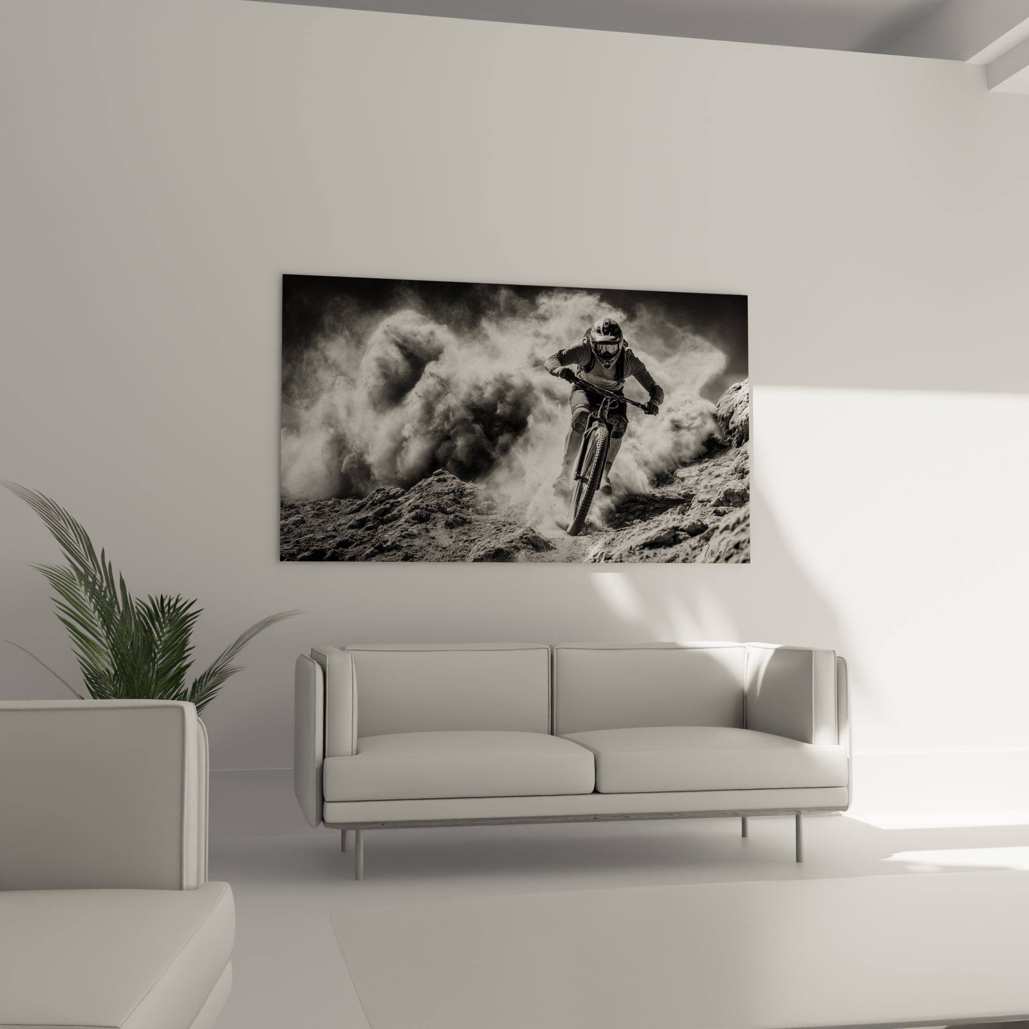 Détail tableau VTT qualité impression toile rider casque protection descente sport extrême