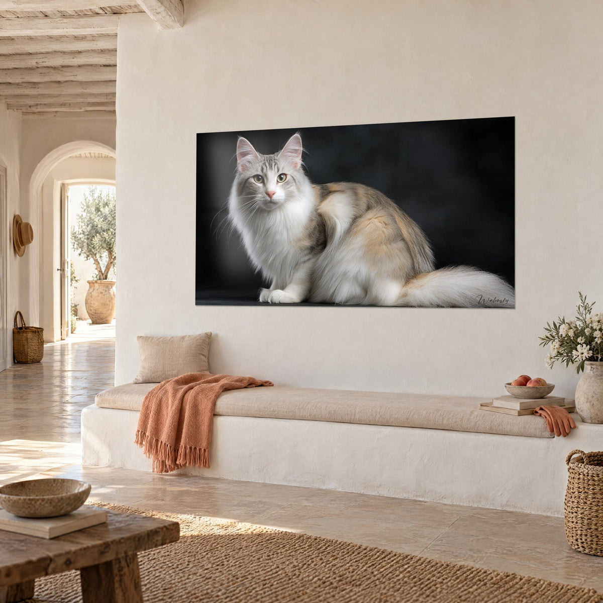 Tableau félin à longs poils crème et gris, oreilles dressées, nez rose, sur mur blanc d'une maison méditerranéenne