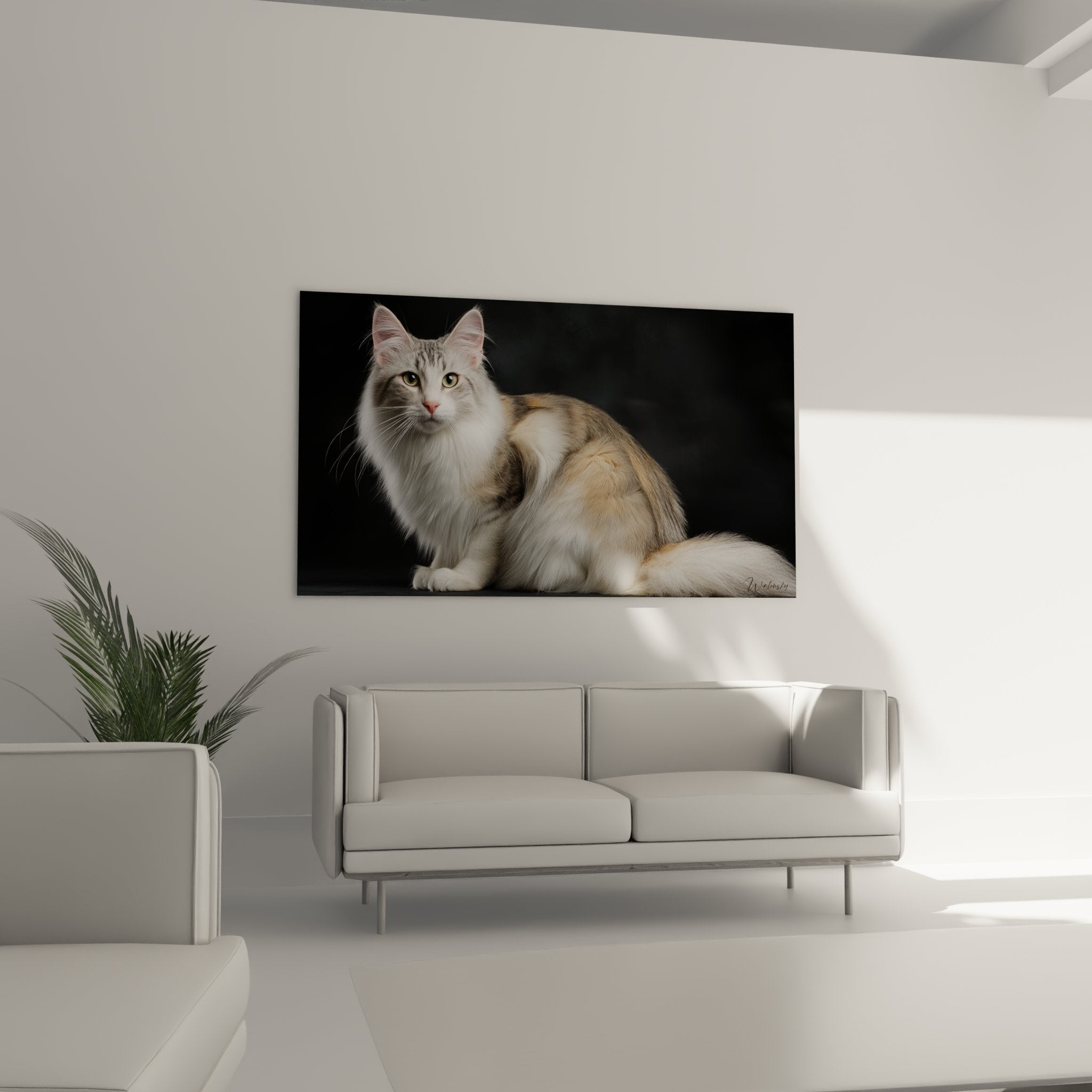 Close-up of the piercing amber eyes of a Turkish Angora cat, silky coat details