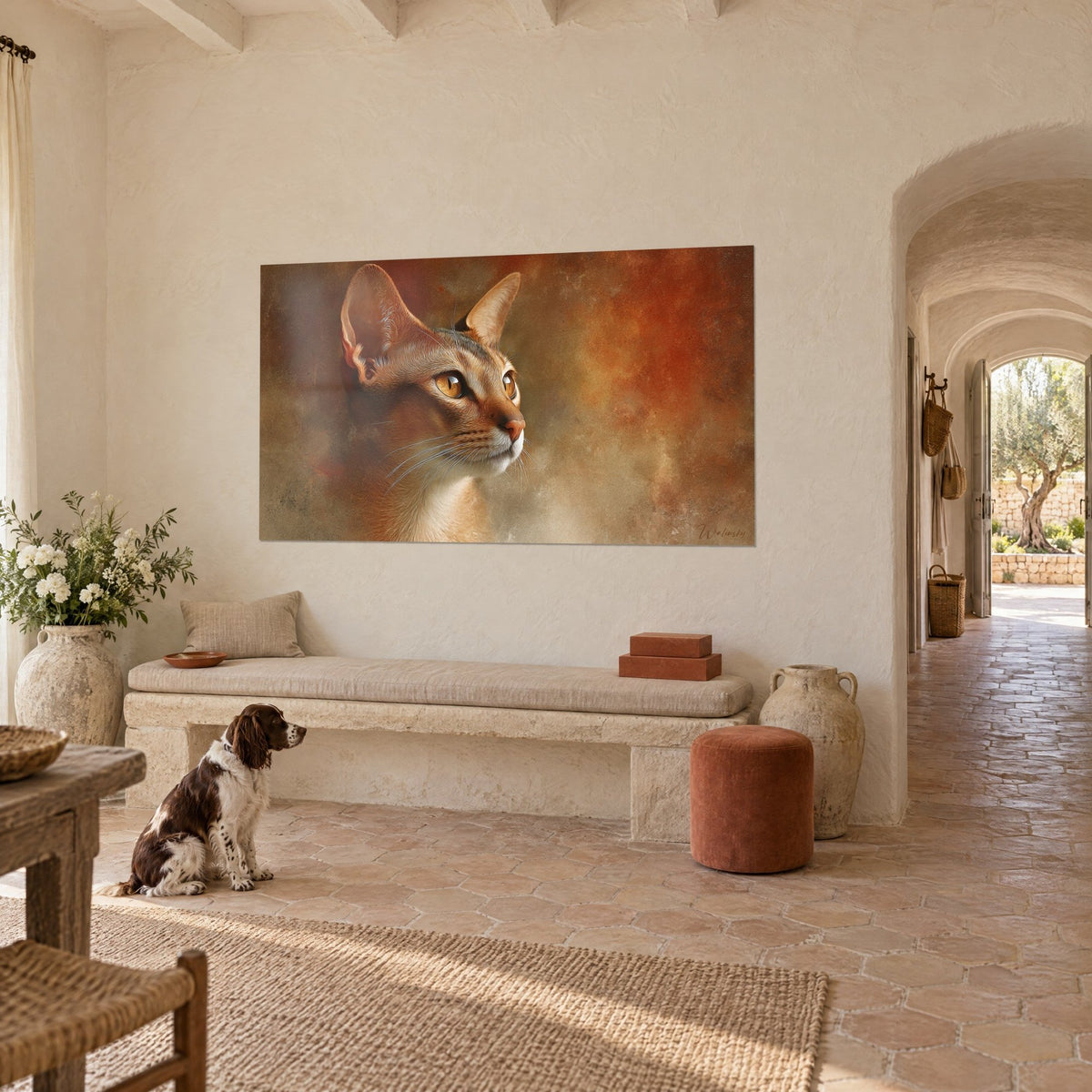 Quadro ritratto di felino dalle orecchie grandi, muso rosato, sfondo rame e ocra, spaniel seduto, panca in pietra del mas provenzale