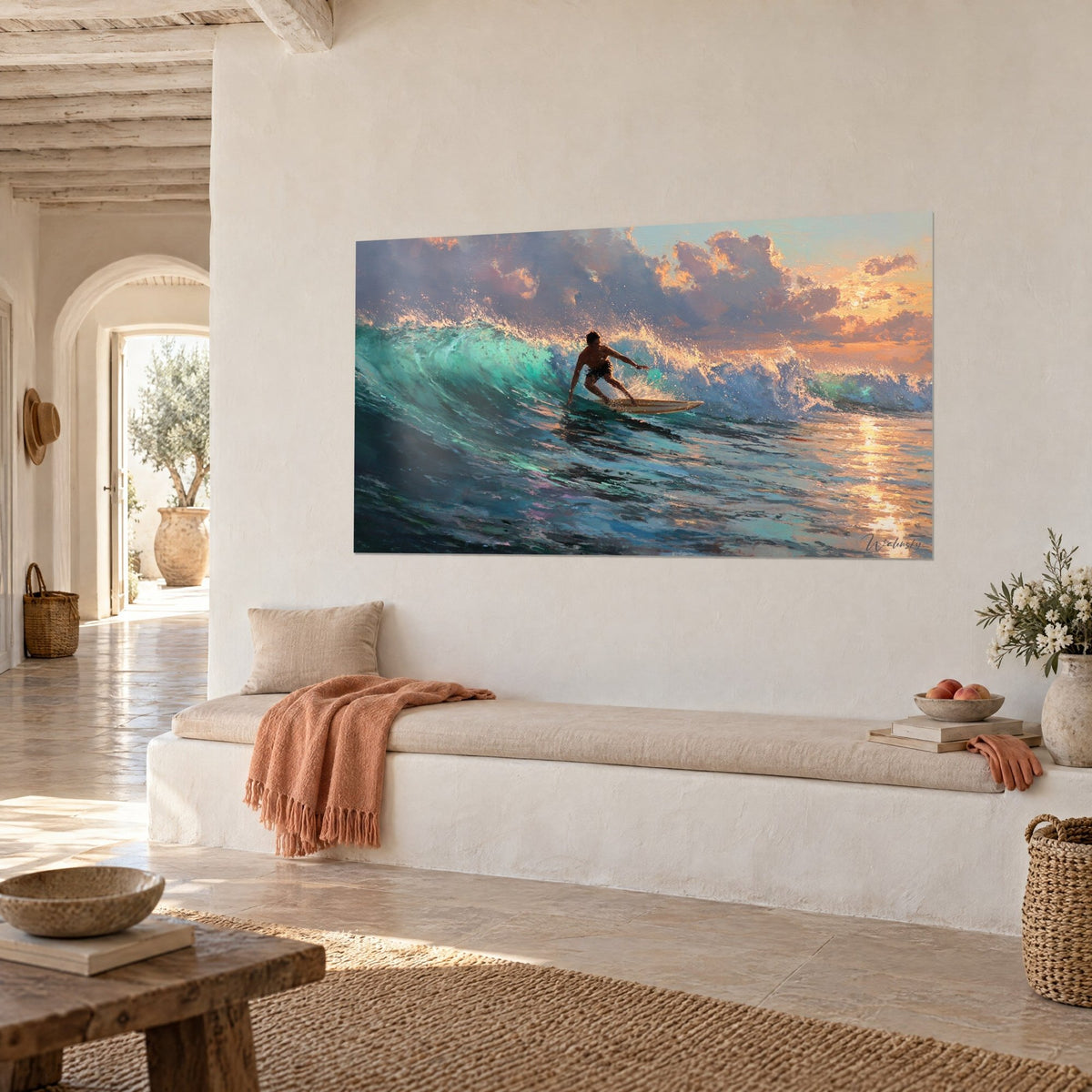 Wall art emerald wave breaking under a sky of mauve and orange clouds, three-quarter view, above a white banquette