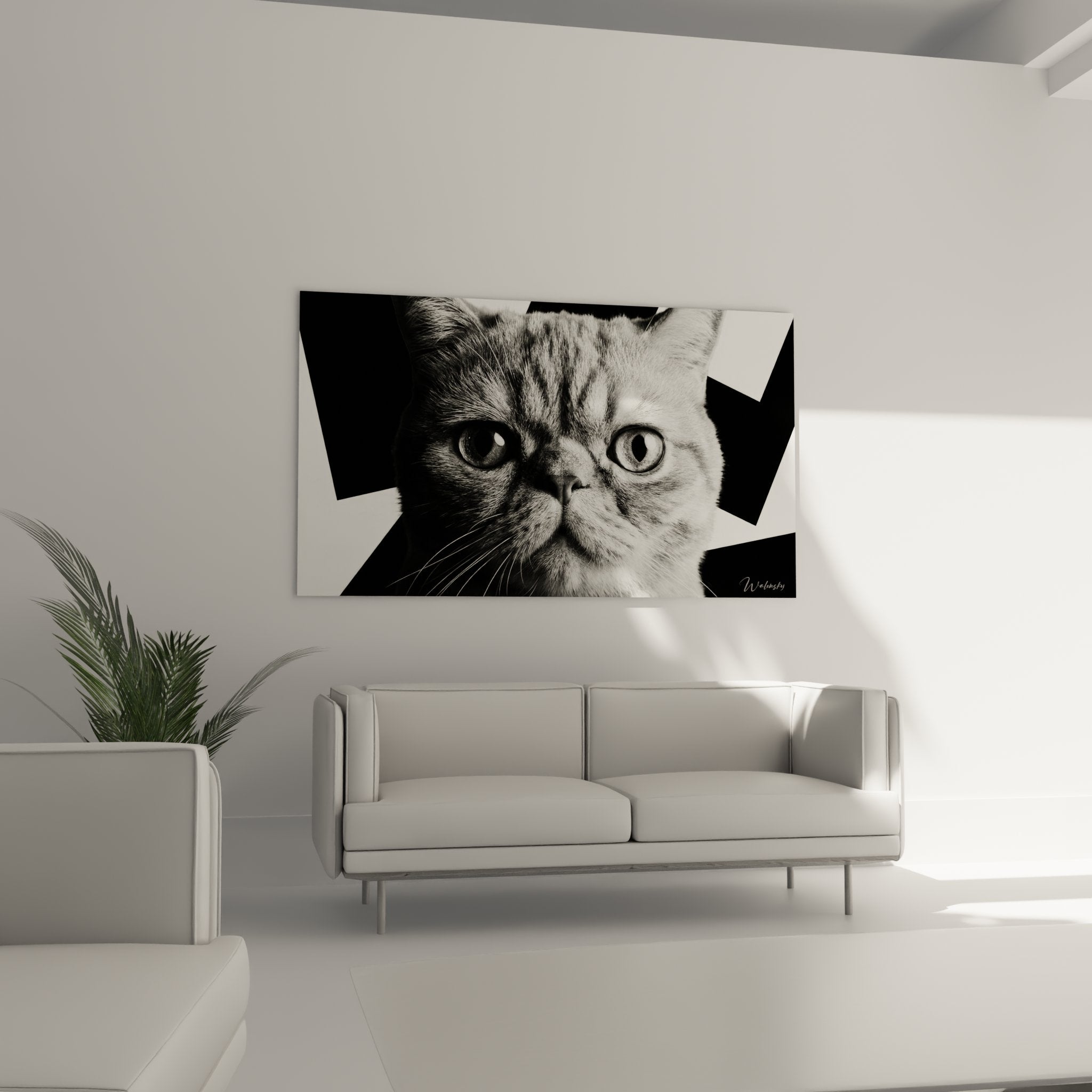 Nahaufnahme Porträt Exotic Shorthair Katze intensiver Blick ausdrucksstarke Augen Schwarzweiß-Kunstwerk zeitgenössischer grafischer Stil