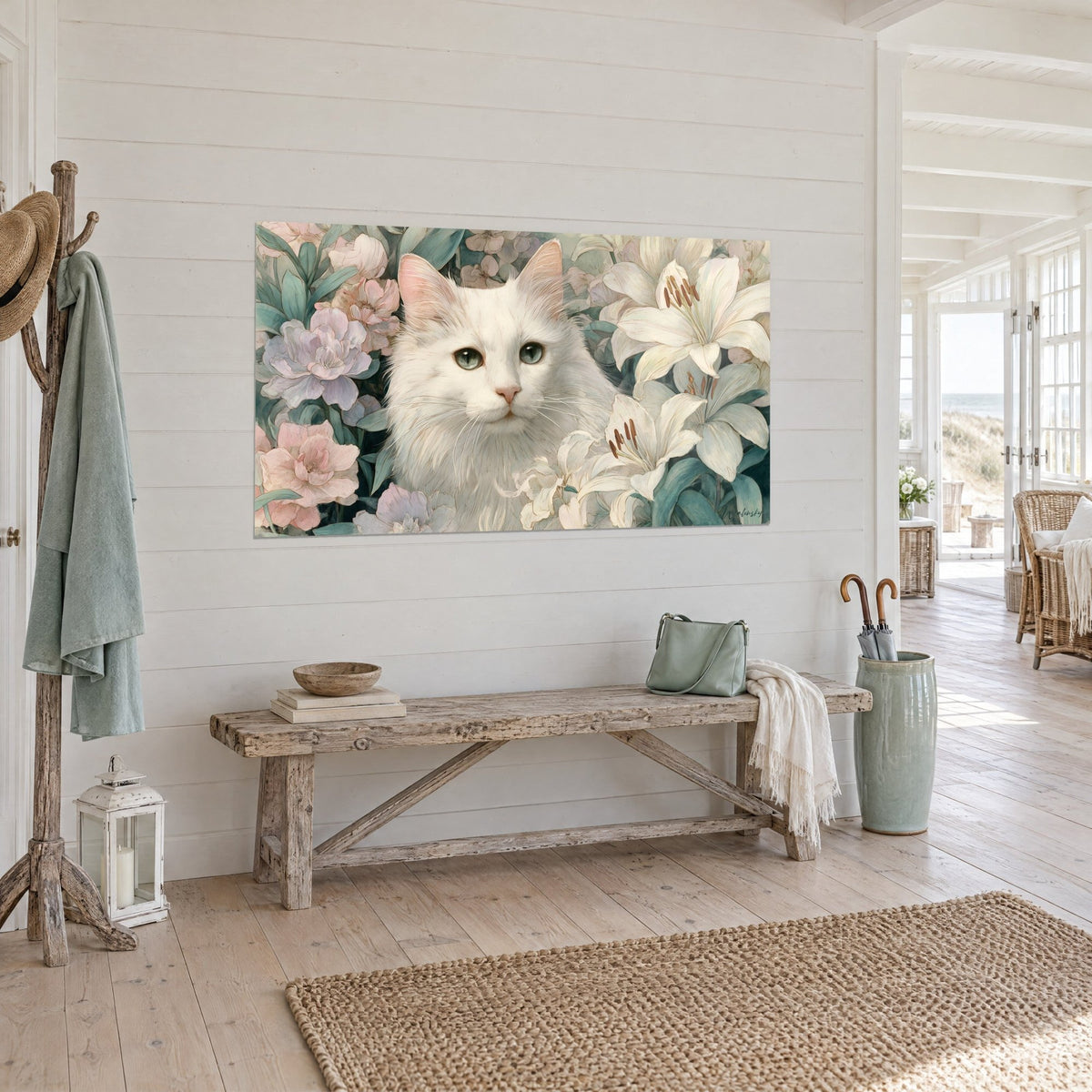 Wall art long-haired snow-white cat surrounded by pale pink flowers and celadon leaves, three-quarter view in a beach house