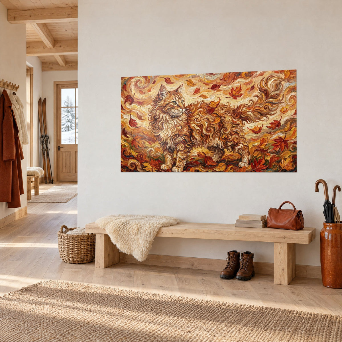 Quadro felino dal manto a spirali rame e avorio, foglie secche ocra, appeso vicino a una panca di legno nell'ingresso