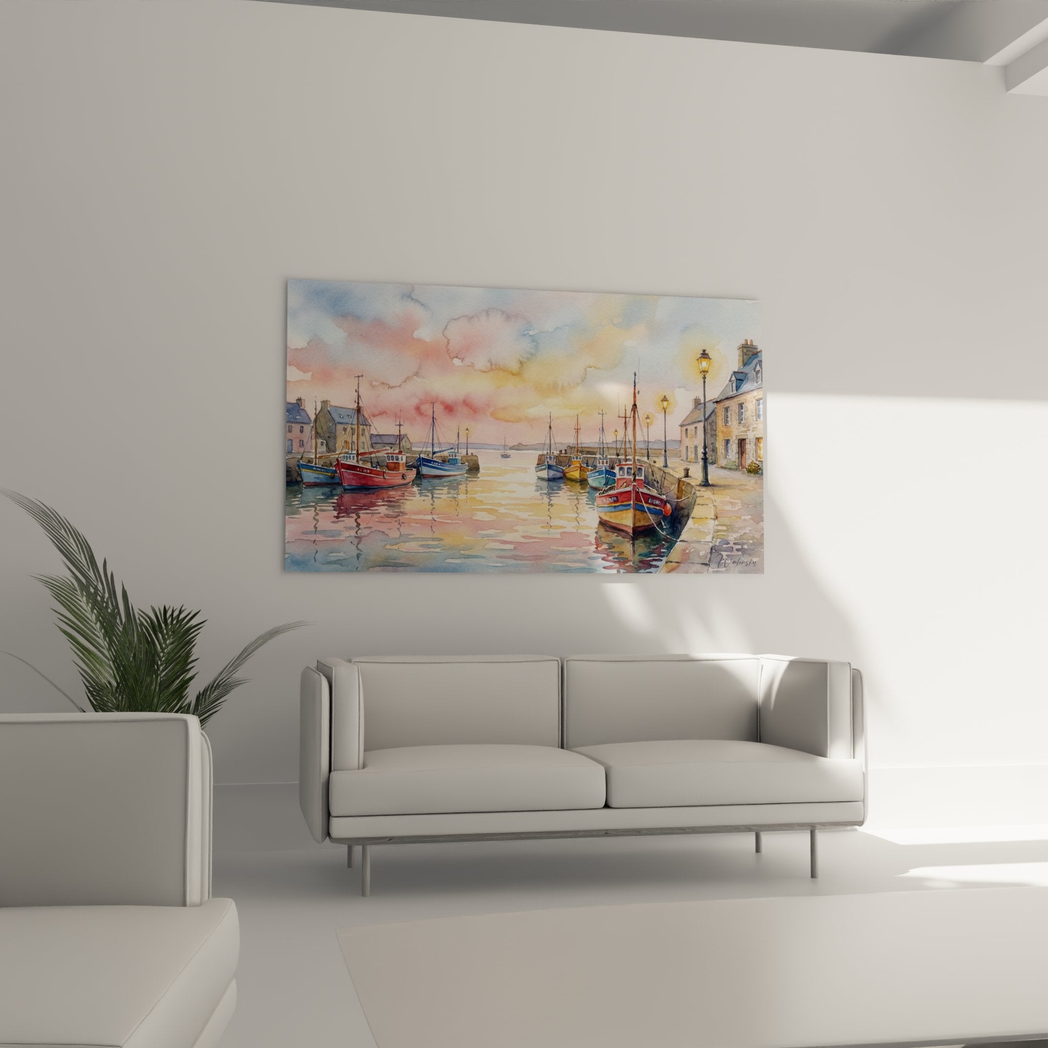 Détail aquarelle bateaux de pêche bretons aux couleurs vives se reflétant dans l'eau calme du port