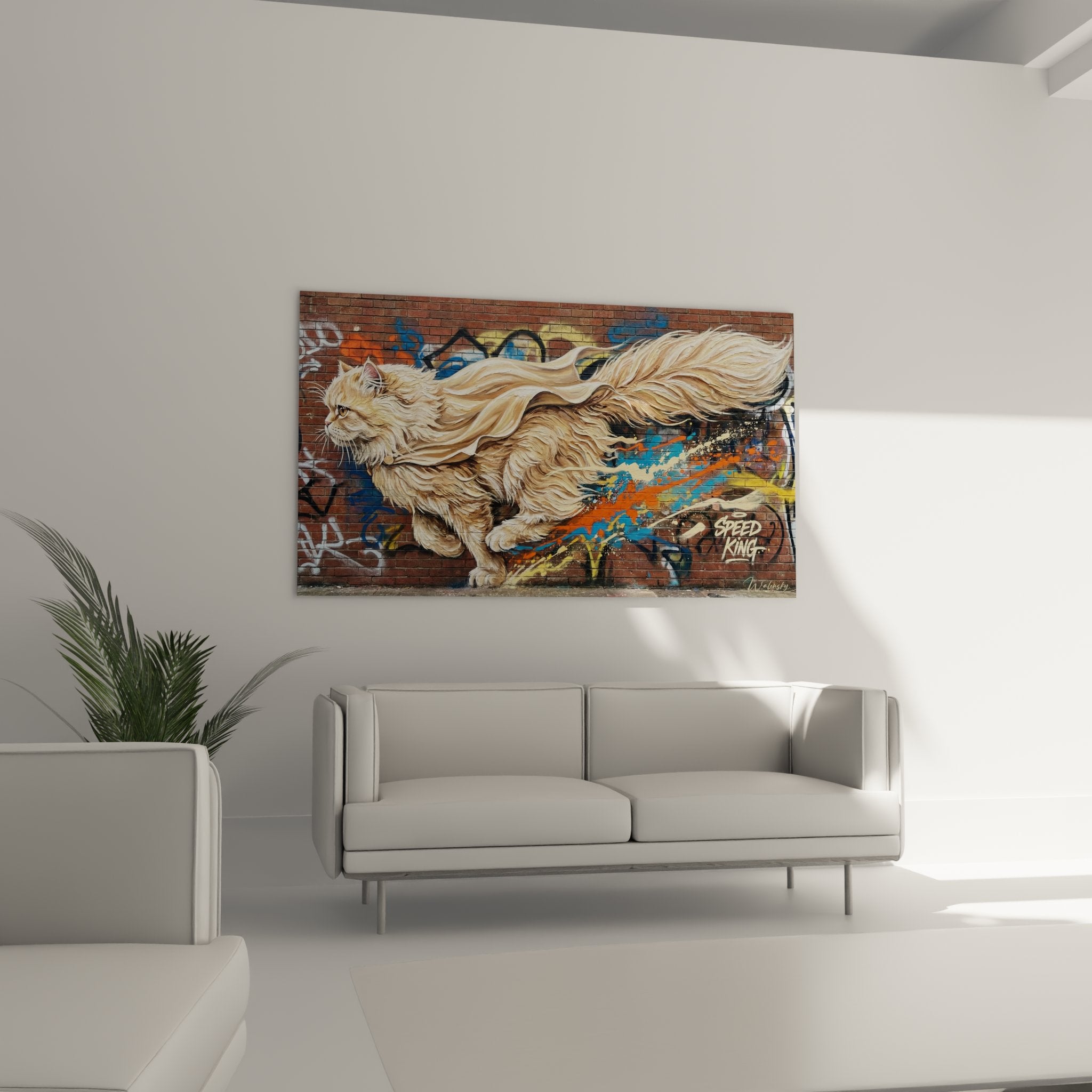 Detail des Gemäldes zeigt die Textur des goldenen Fells der Perserkatze und die blauen orangefarbenen Graffiti im Hintergrund