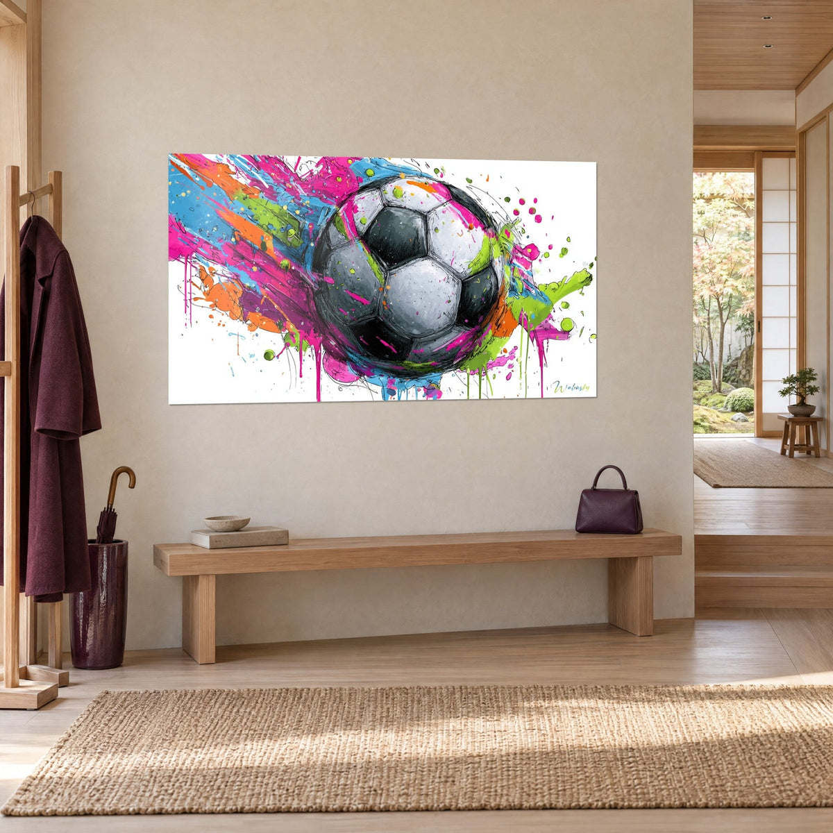 Gemälde Fußball mit Tinte skizziert, orange und magentafarbene Schlieren auf weißem Hintergrund, im Dreiviertelblick neben einem Eingang aufgehängt