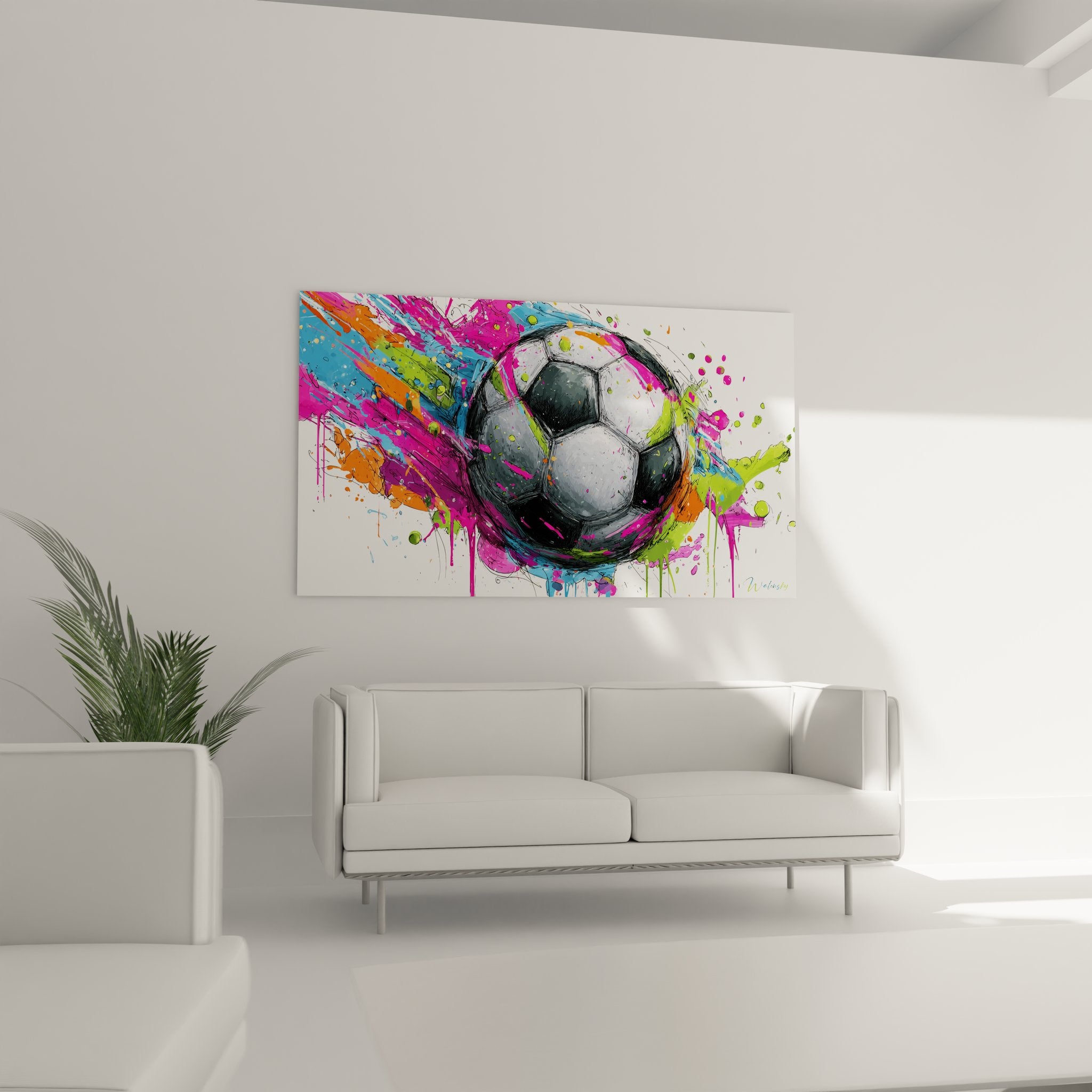 Detail rapproche ballon de football noir et blanc entoure d'eclaboussures de peinture coloree moderne